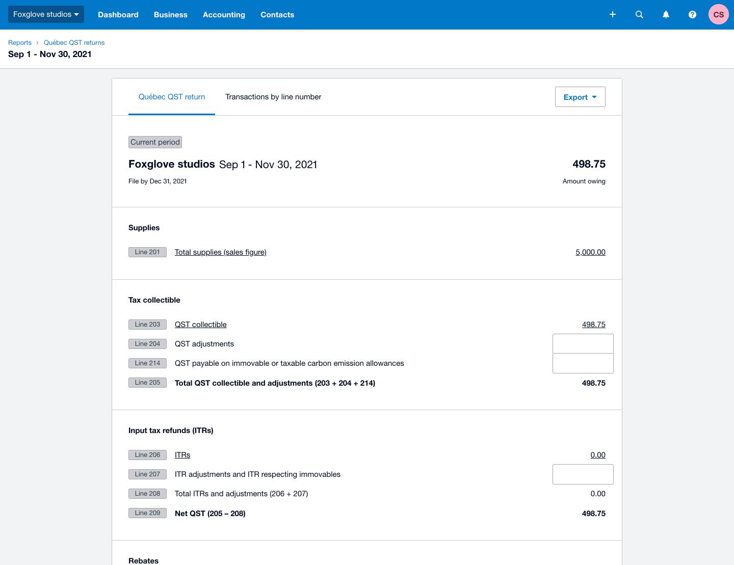 A screenshot of the Québec QST return report dashboard in Xero.