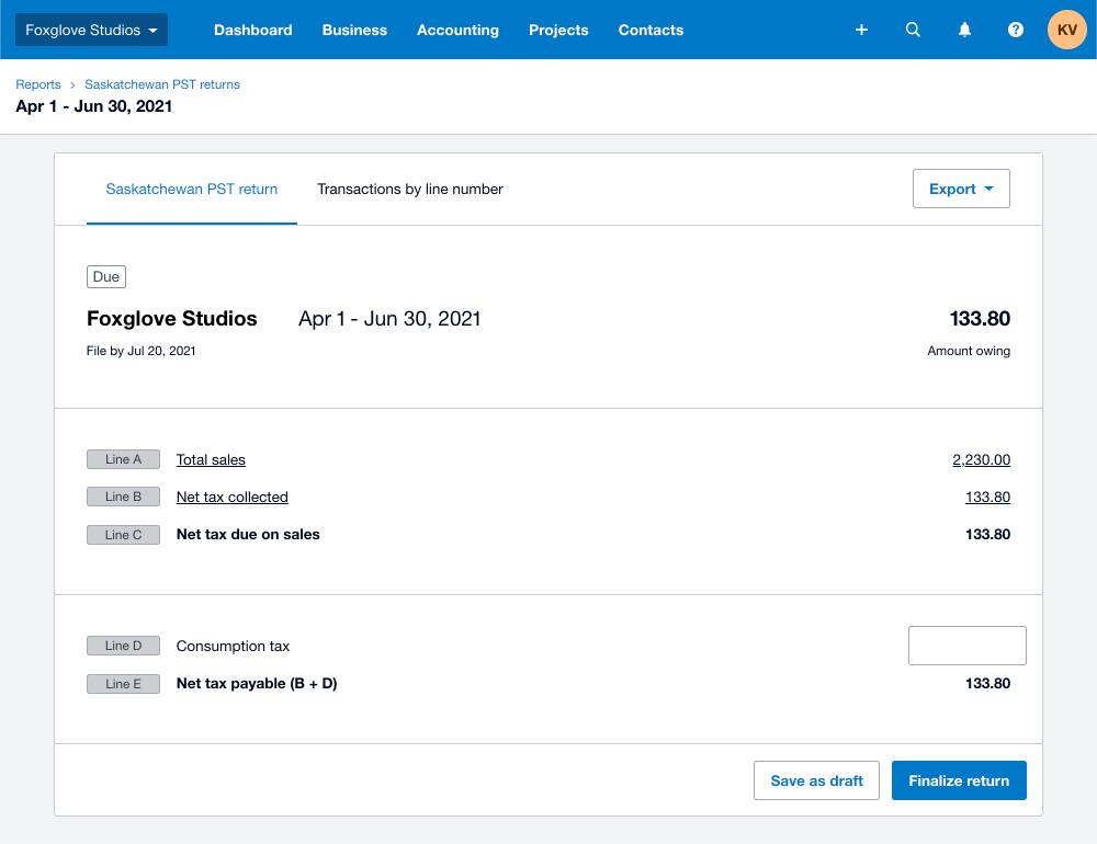 A screenshot of the Saskatchewan PST return report dashboard in Xero.