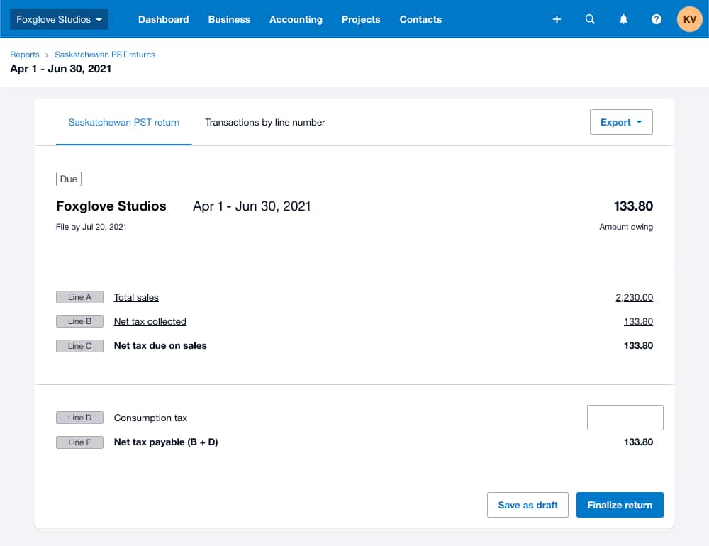 A screenshot of the Saskatchewan PST return report dashboard in Xero.