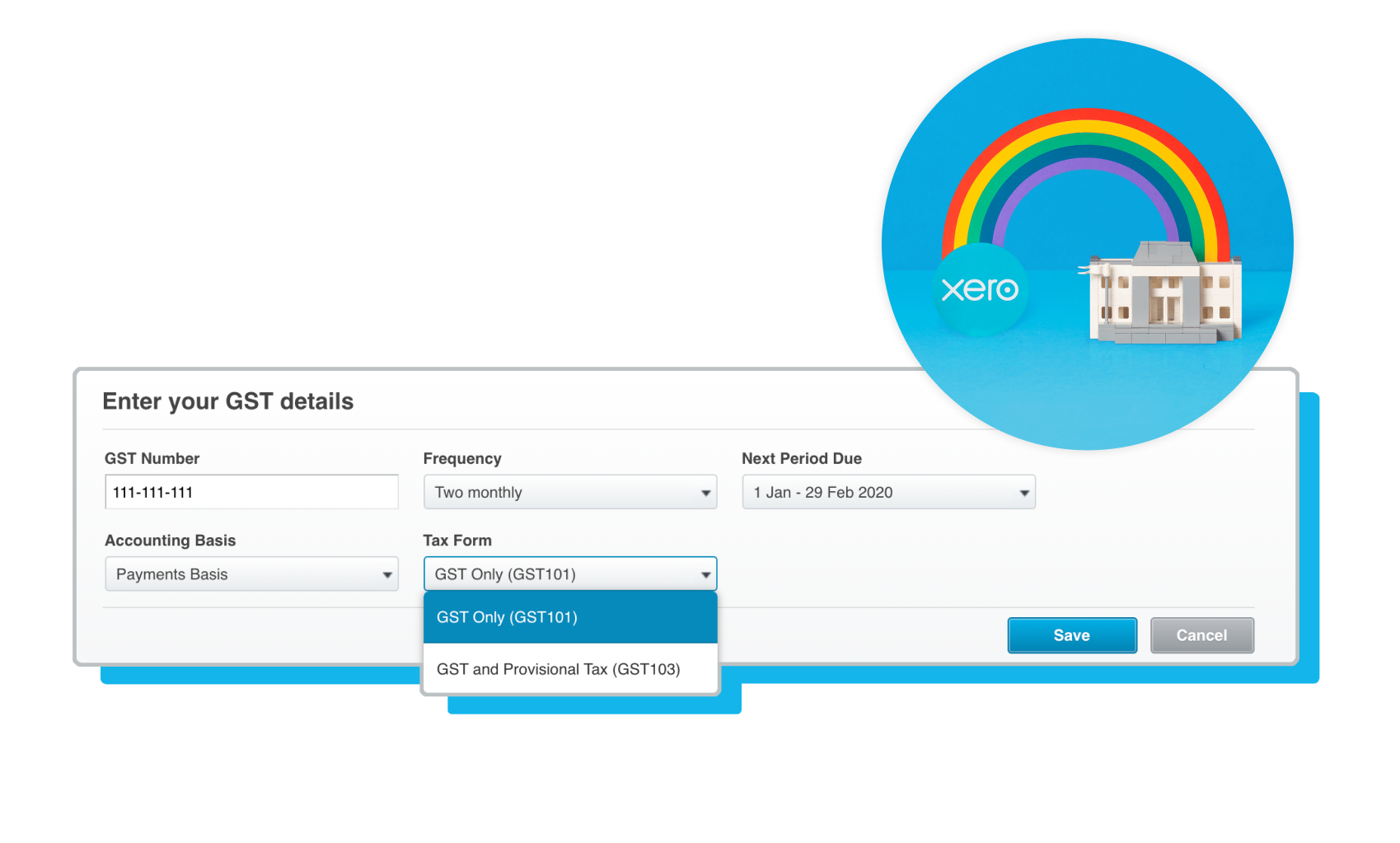 A GST menu with tax form options, the GST Only (GST101) form is selected.