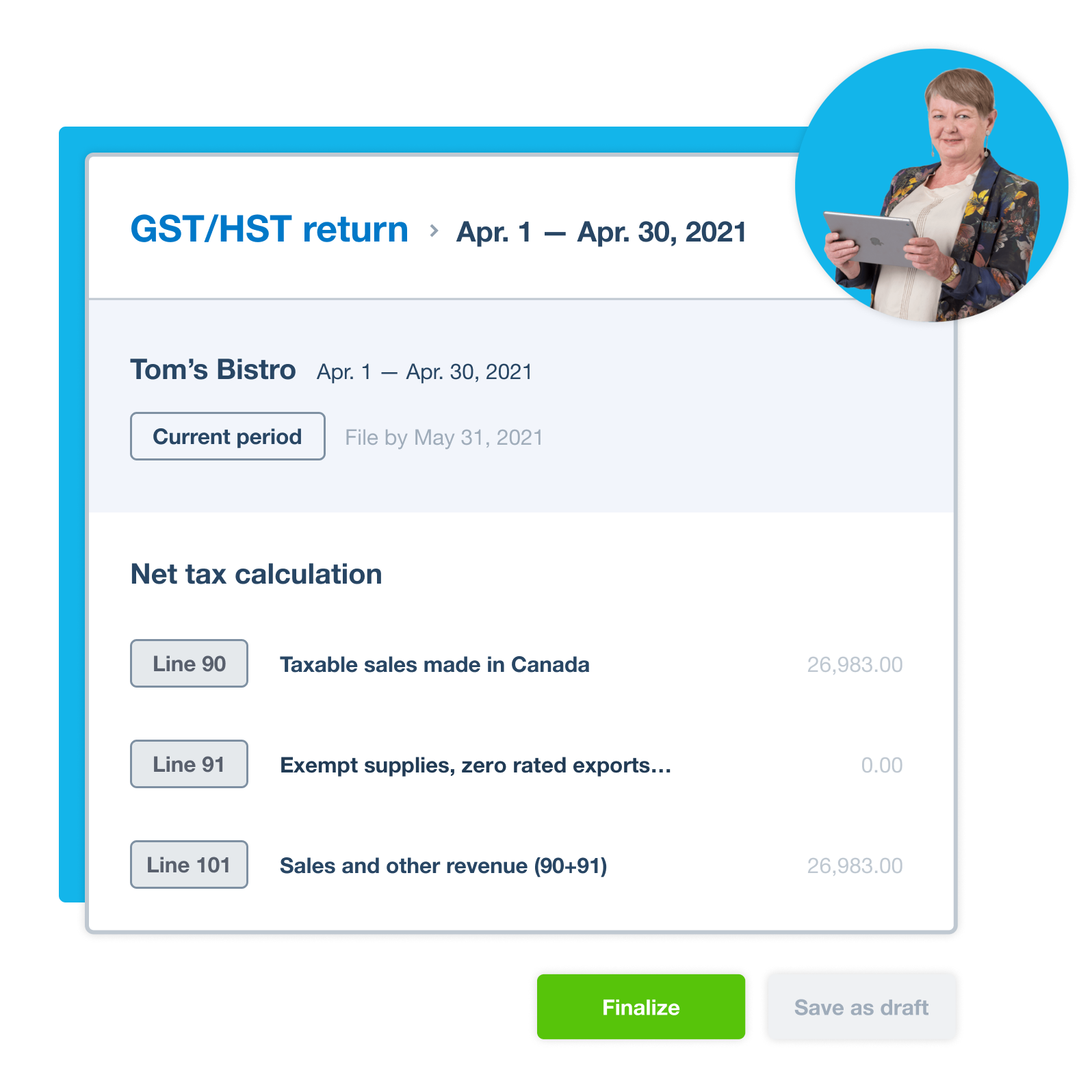 Summary of GST/HST online filing return for Tom’s Bistro.
