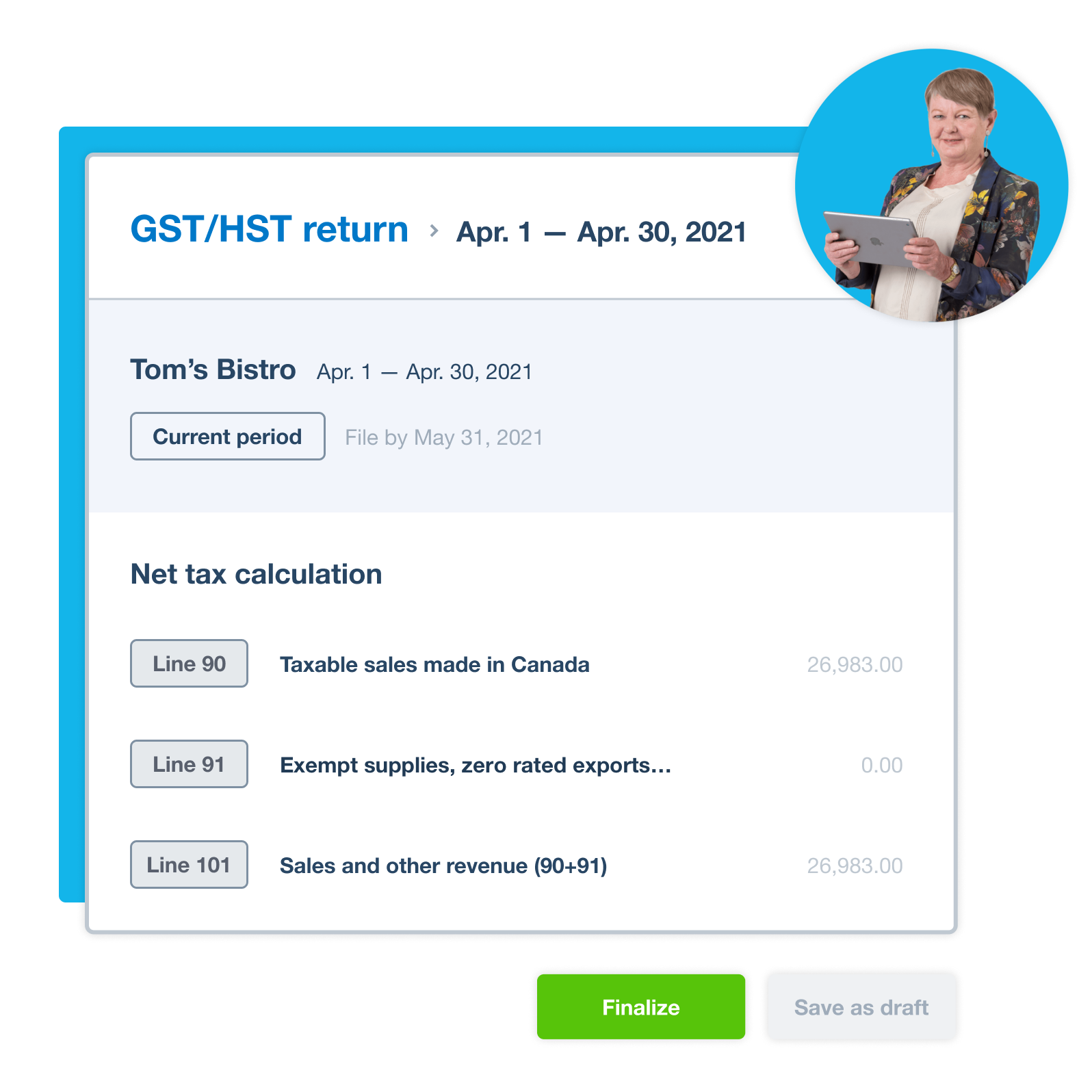  Summary of GST/HST online filing return for Tom’s Bistro. 