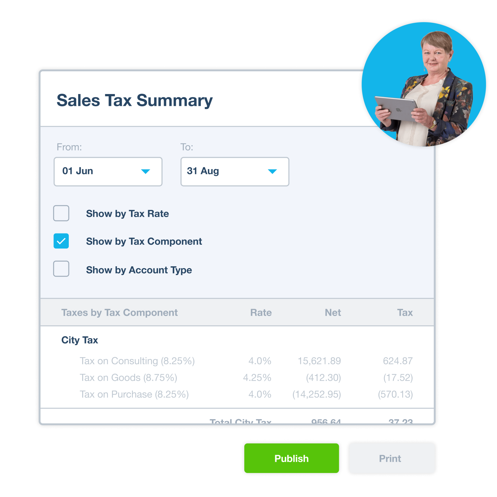 Sales tax software showing sales tax summary. 