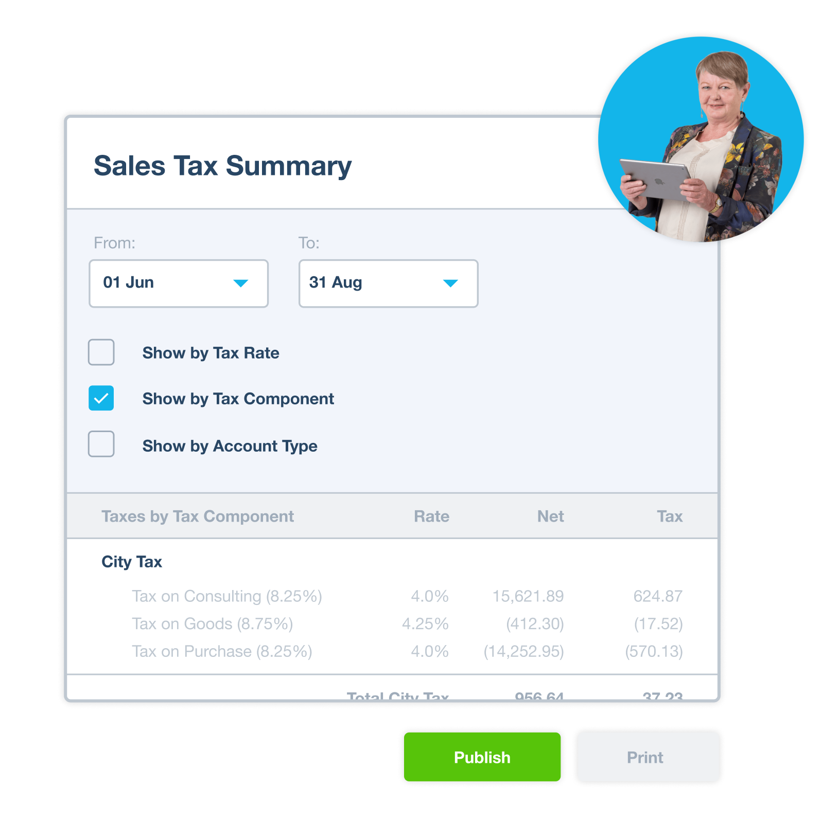 Sales tax software showing sales tax summary.