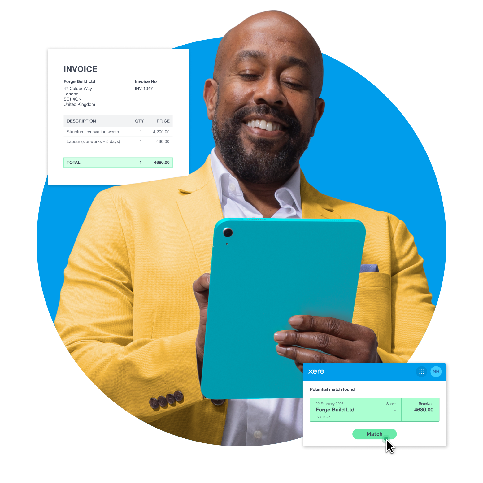 A small business owner is happy to reconcile an invoice and bank record with Xero’s smart transaction matching. 