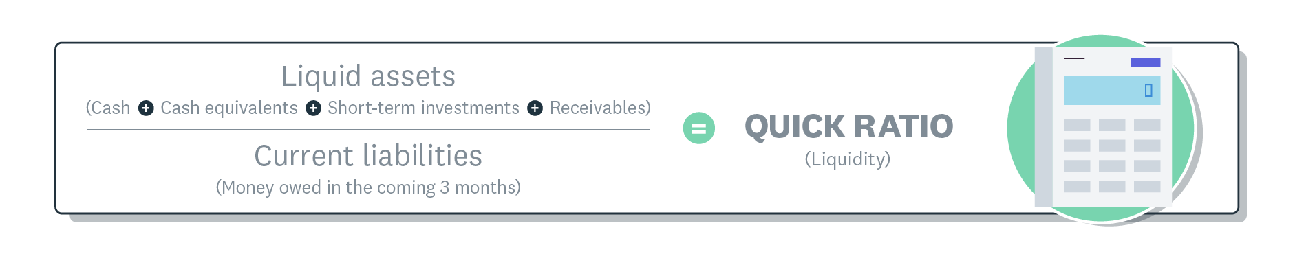 Sum of cash, cash equivalents, short-term investments and accounts receivable, divided by current liabilities = quick ratio  