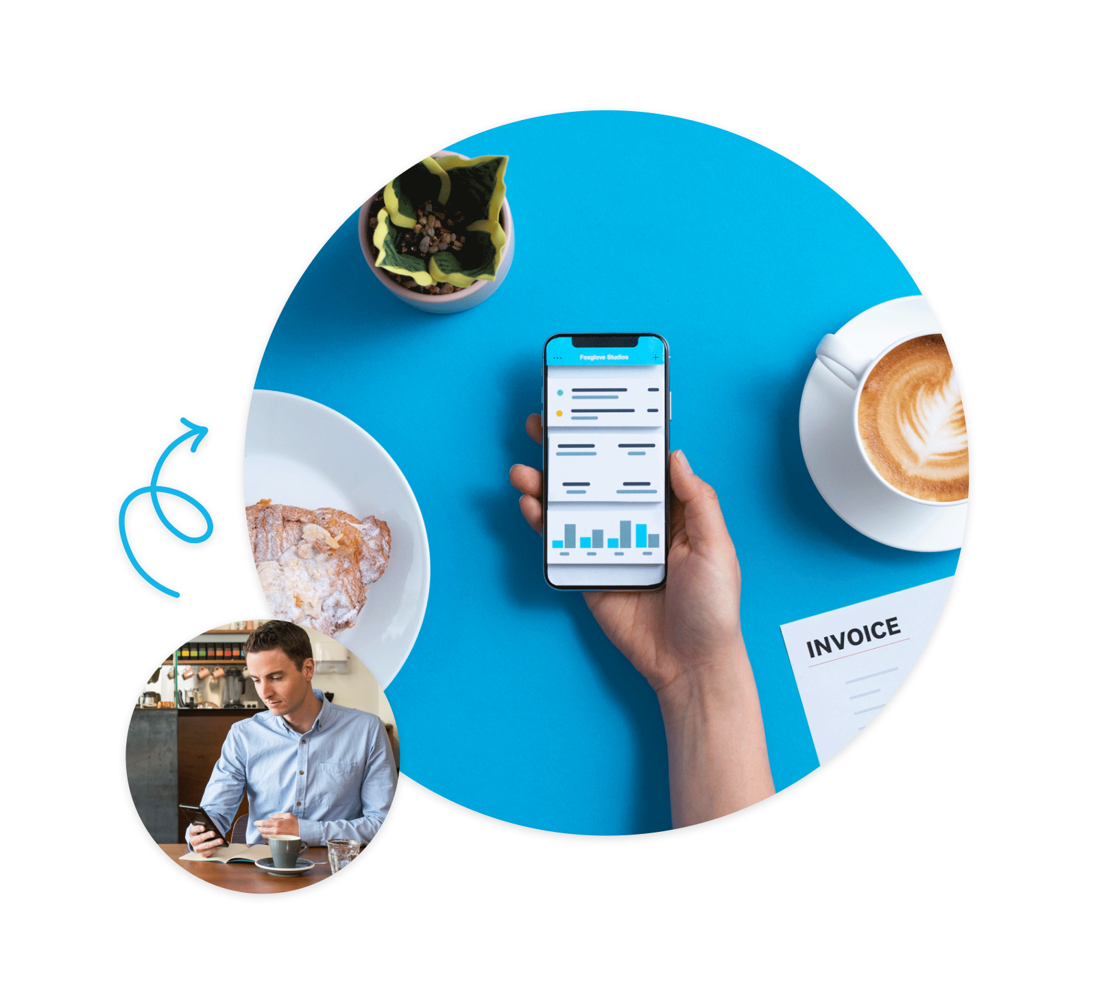 A business owner at a cafe inspects their finances on the go using the Xero mobile app.