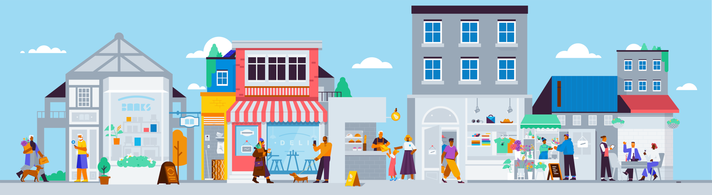An illustration depicting a street of businesses that might pay corporation tax