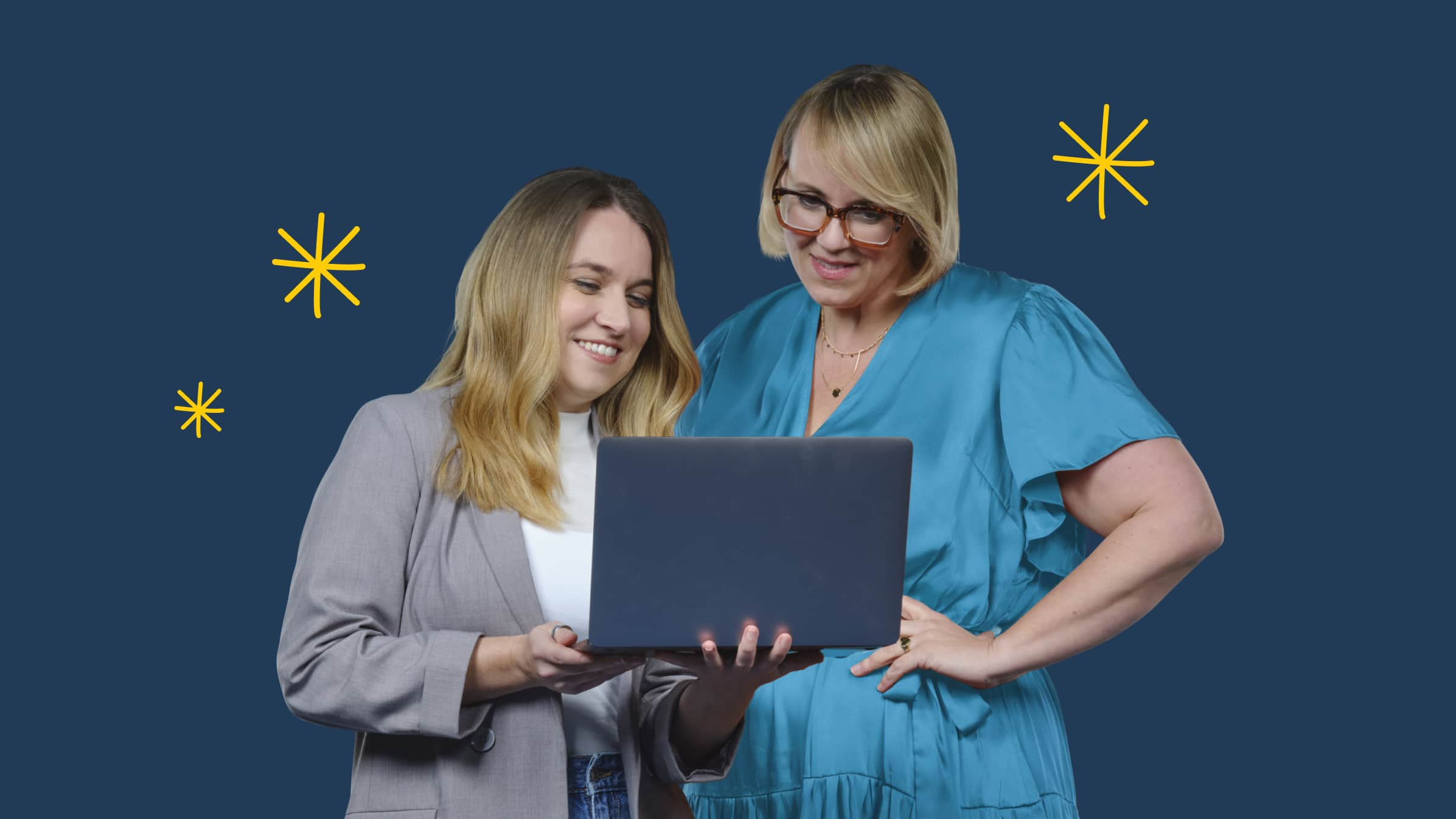 Accountant holding laptop helping client. 