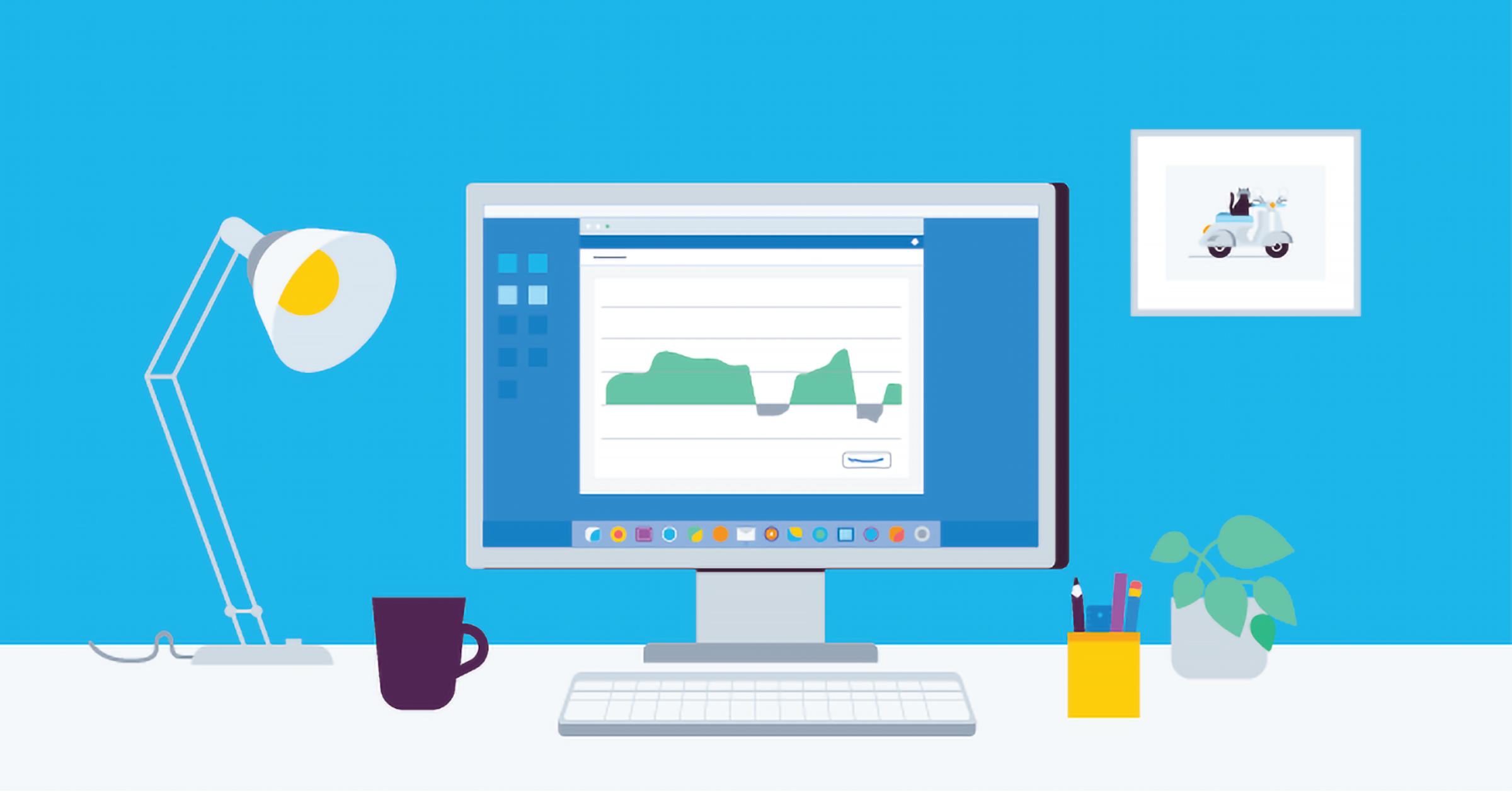 A desktop computer featuring accounting software, on a desk with lamp, coffee cup, pencils and pot plant.