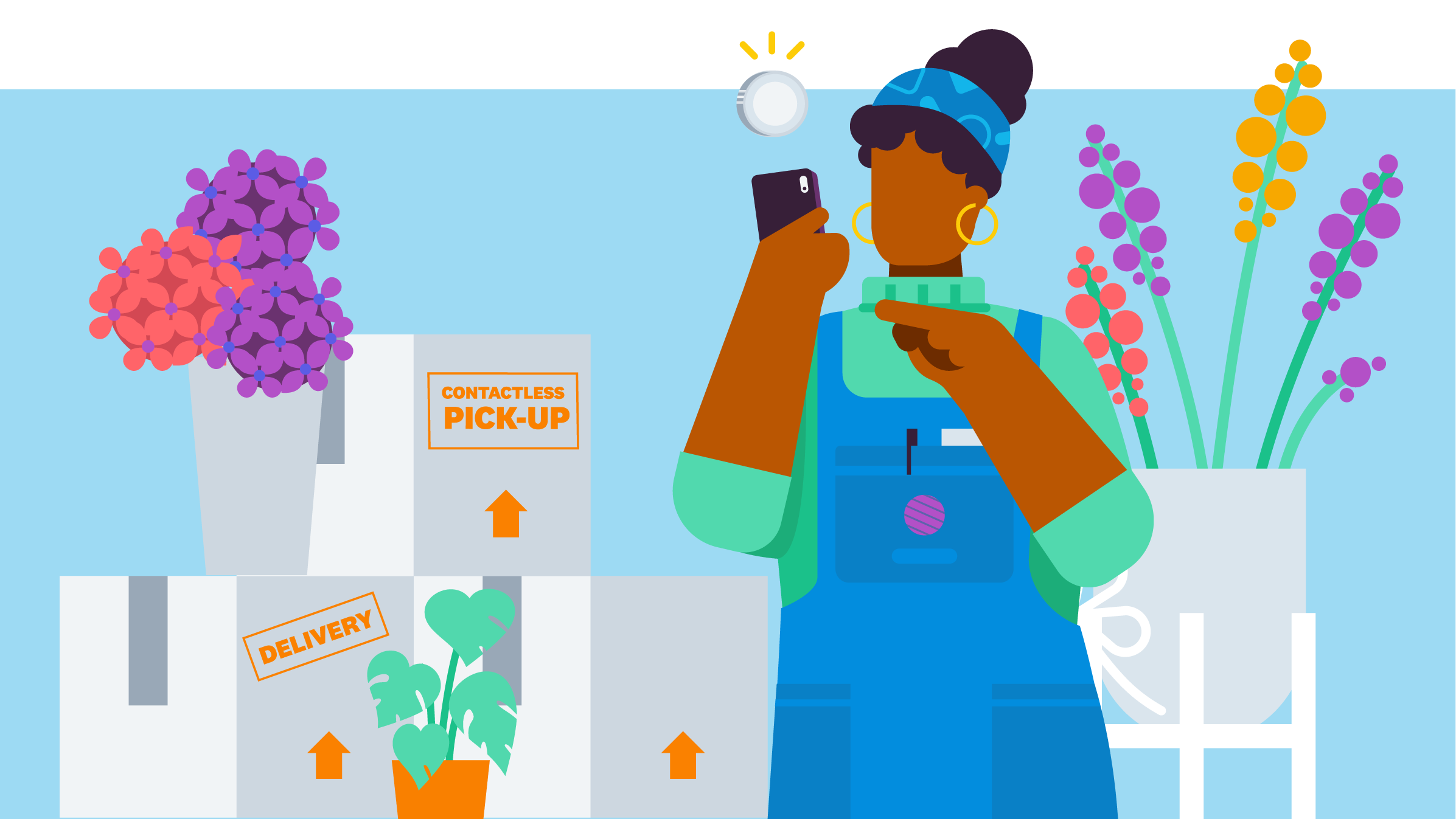 Illustrated small business owner on mobile device in flower shop.
