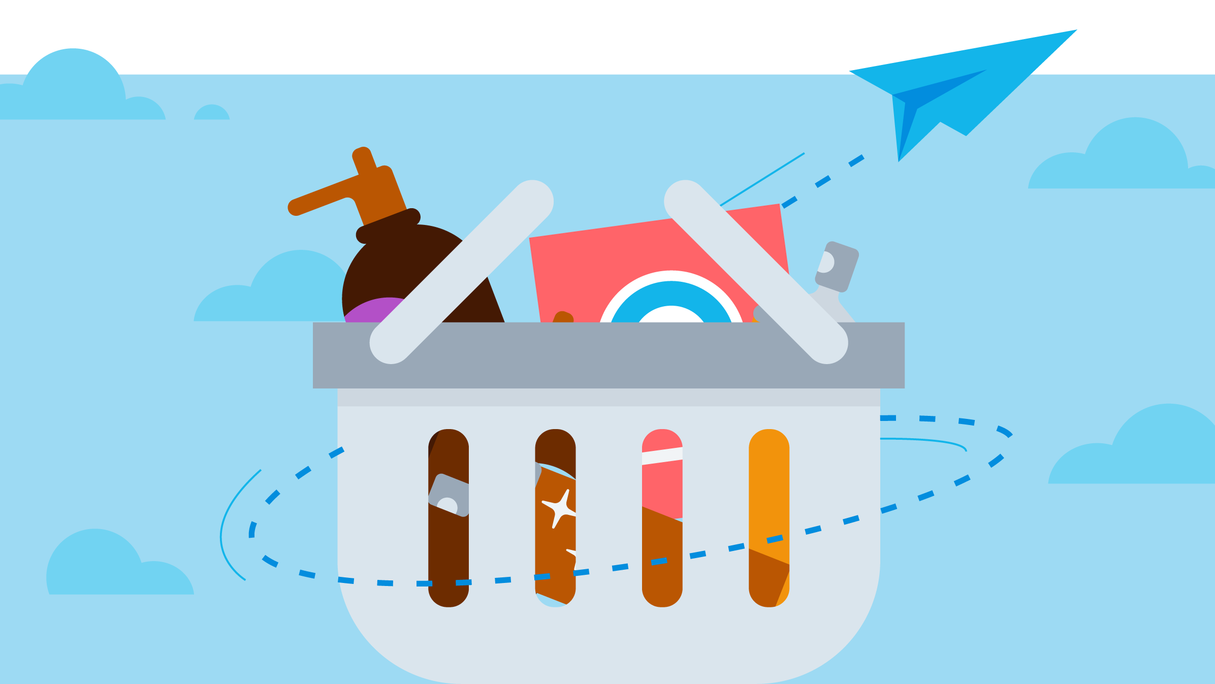 A shopping basket of items with a paper plane circling it