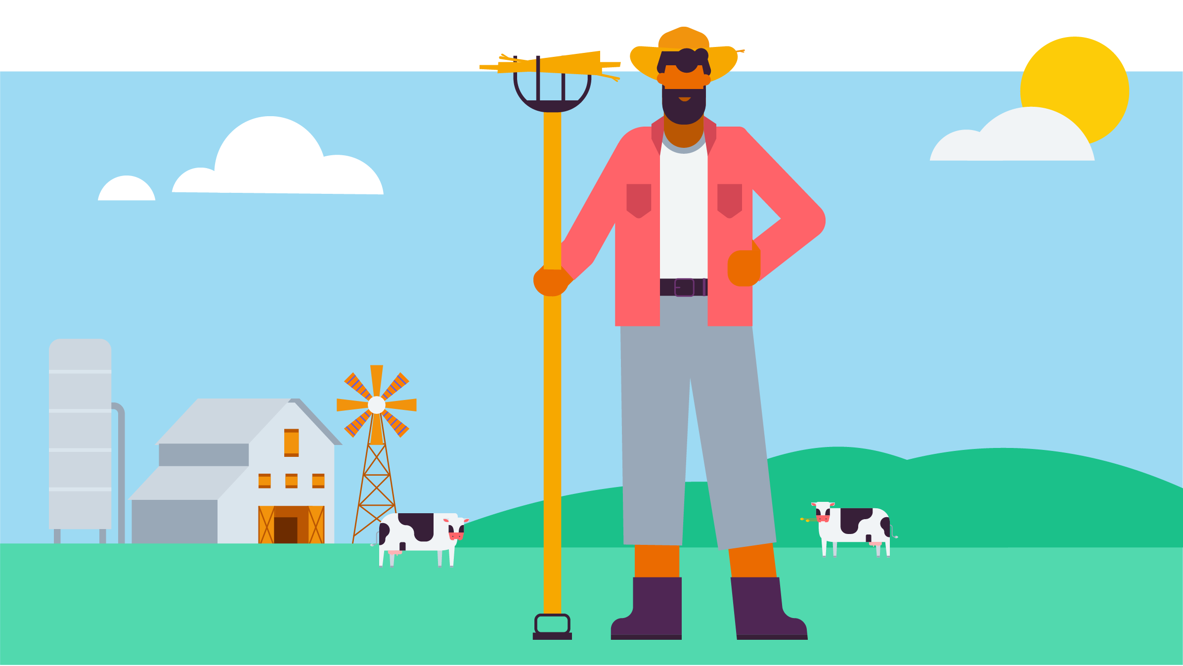 A farmer standing in a field holding a rake.