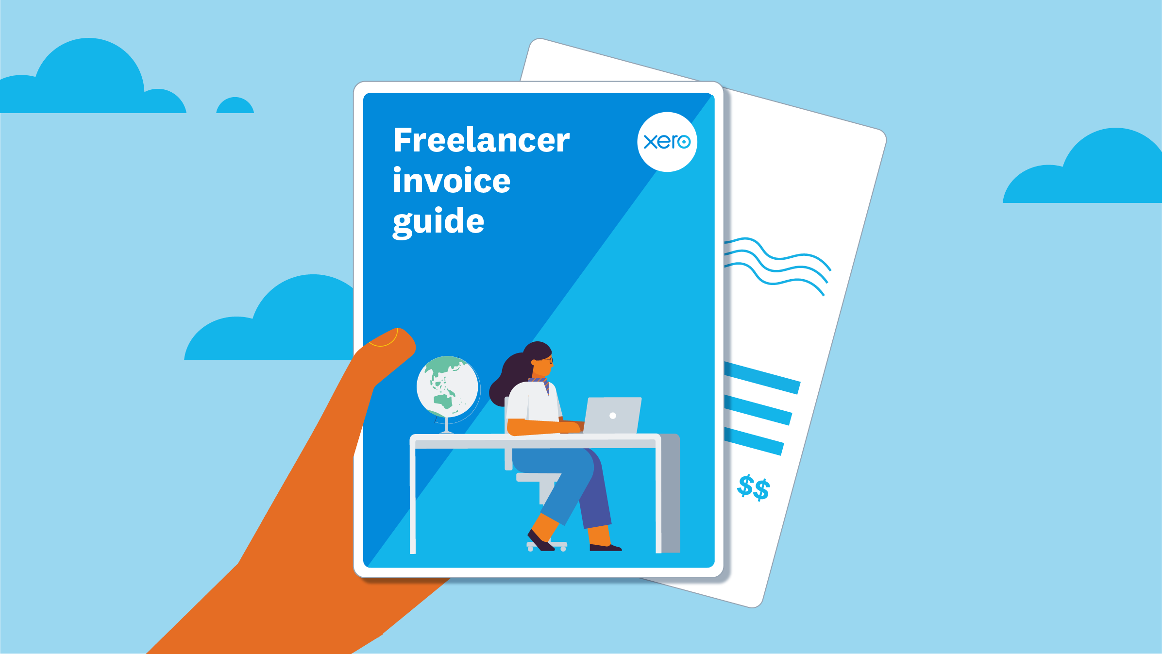 Hand holds up booklet with the title freelancer invoicing guide