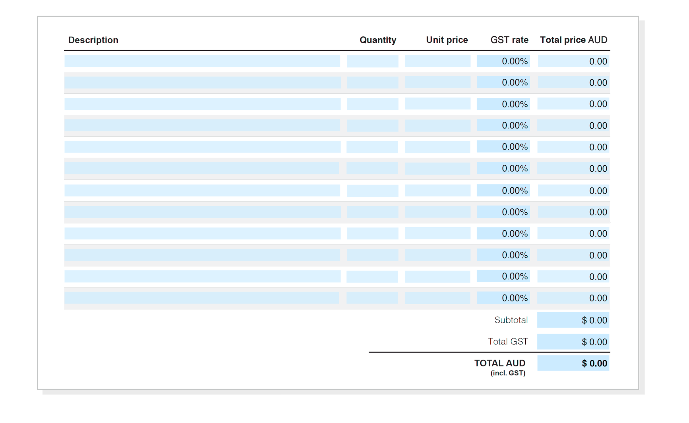 Middle section of an invoice for details of the goods sold, quantities, prices and any tax rate.