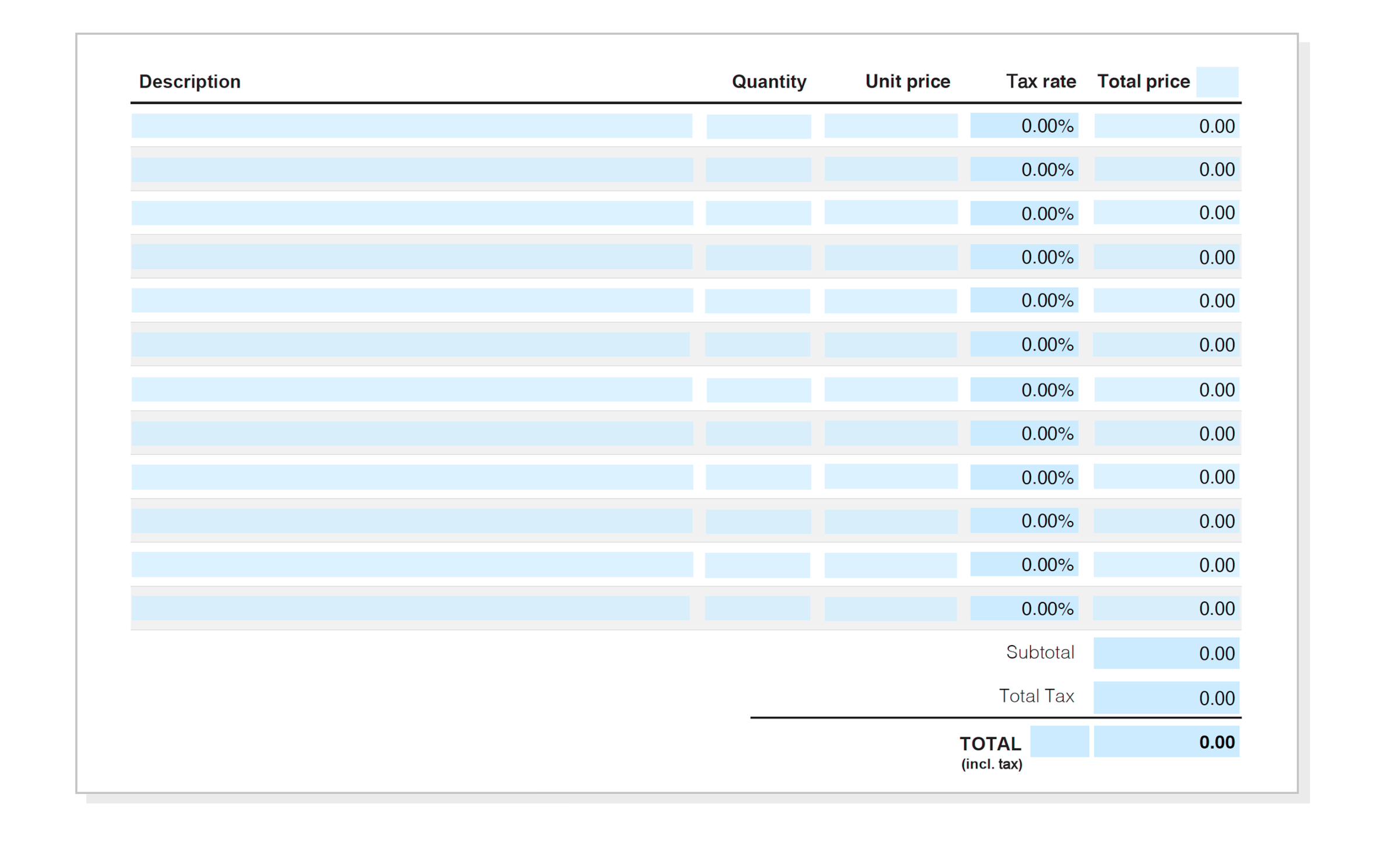 Middle section of an invoice for details of the goods sold, quantities, prices and any tax rate.