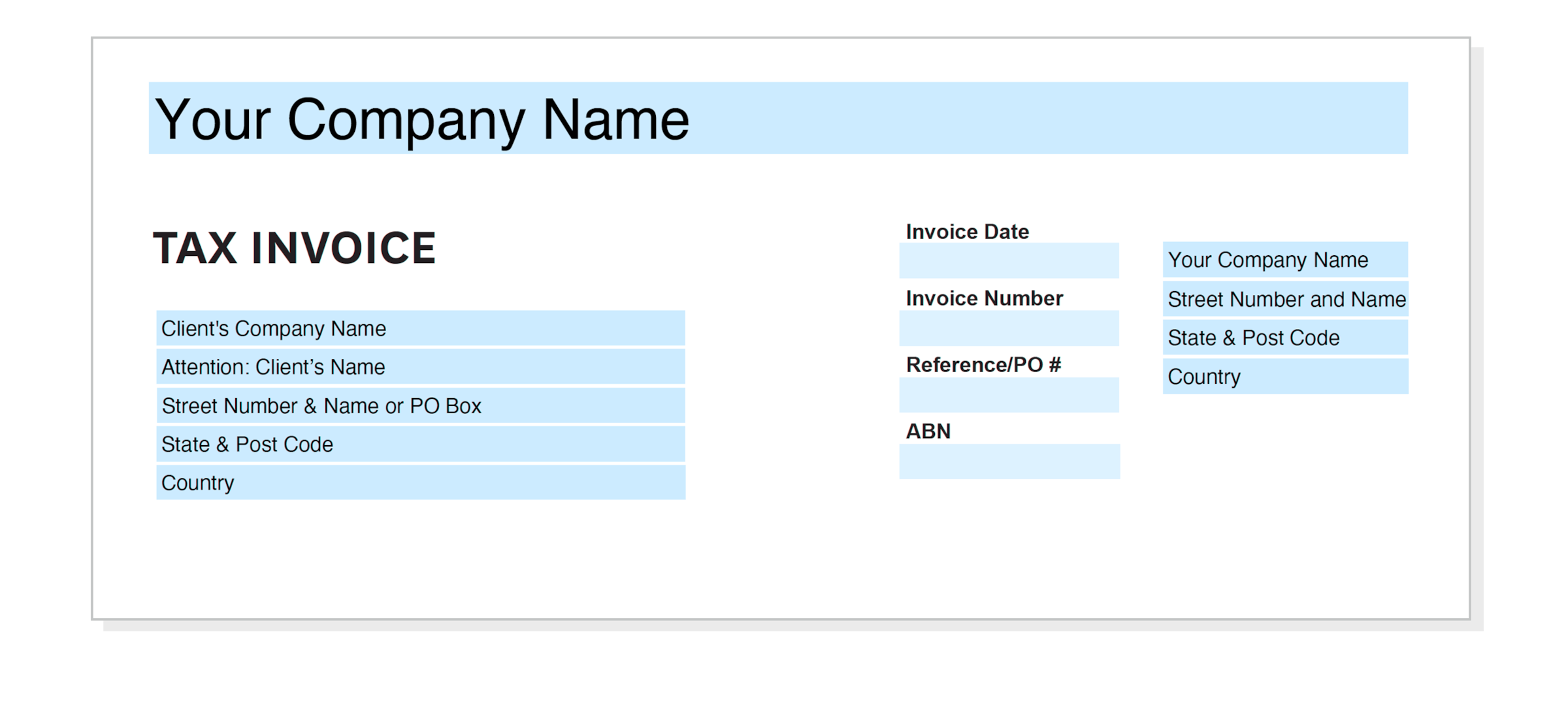 Top section of an invoice where supplier and customer’s details are entered.