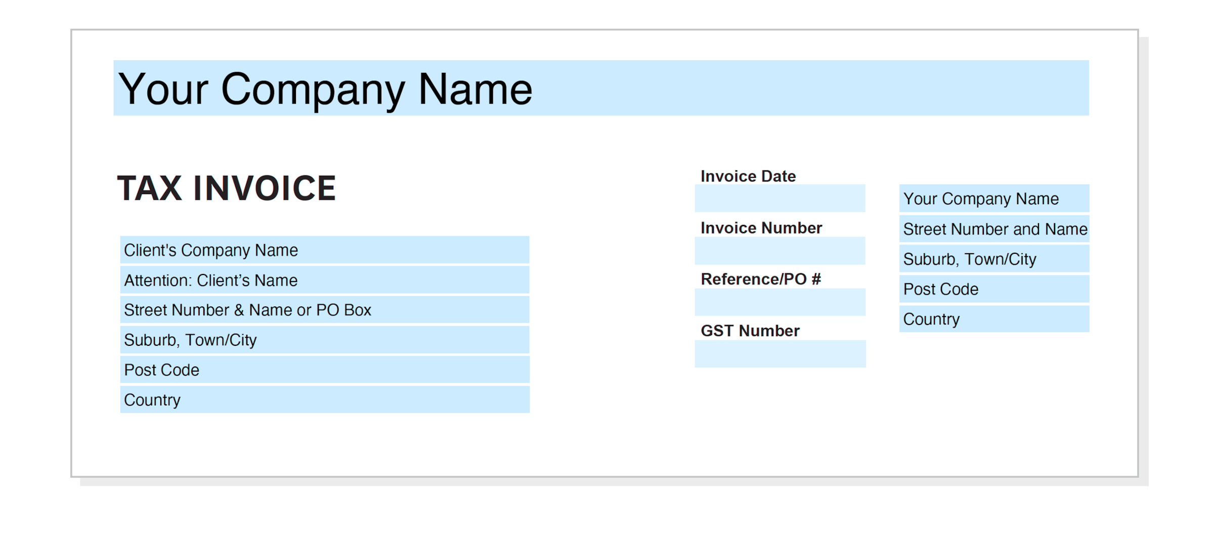 Top section of an invoice where supplier and customer’s details are entered.