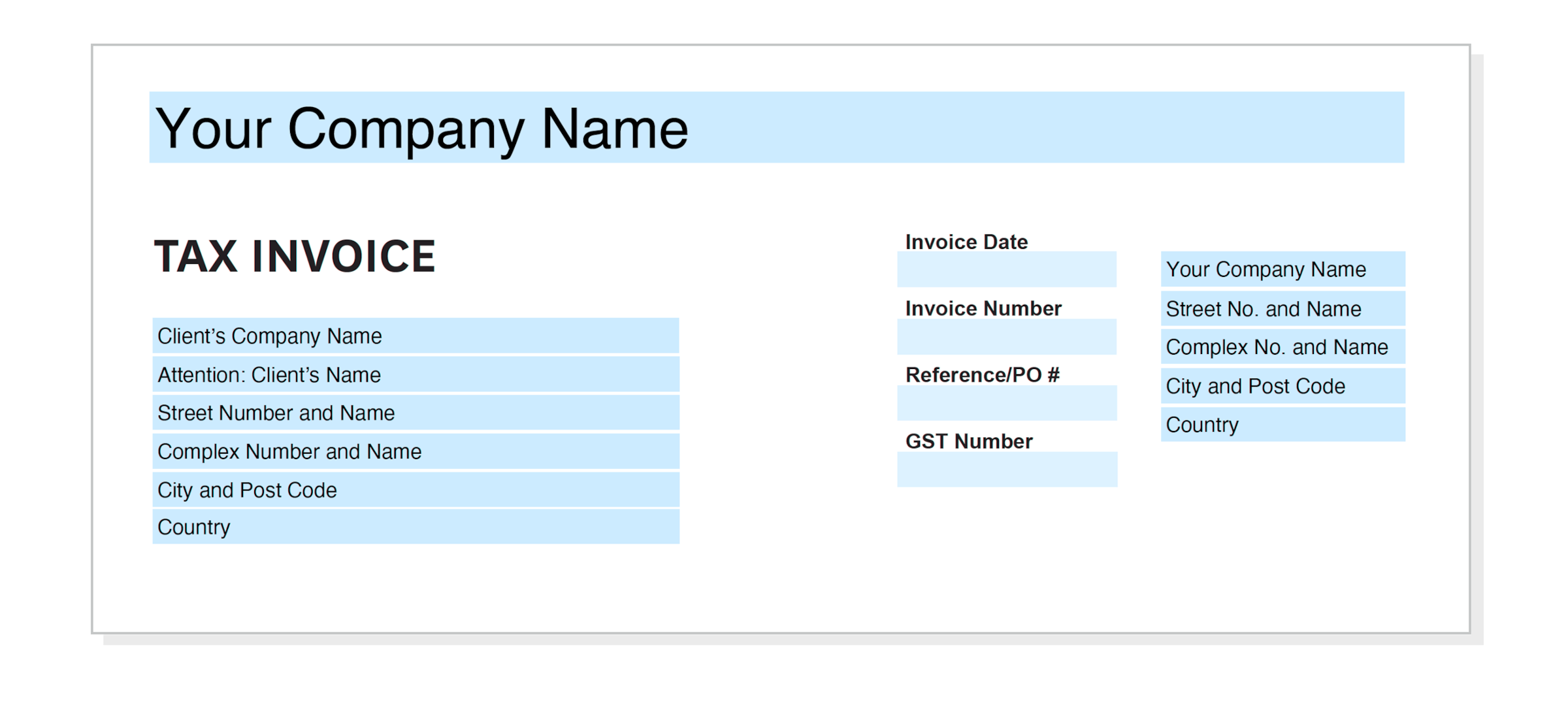 Top section of an invoice where supplier and customer’s details are entered.