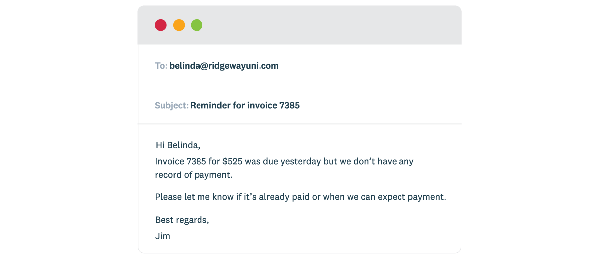 An overdue invoice email noting that payment hasn’t been received. It includes the invoice number, amount due and due date.