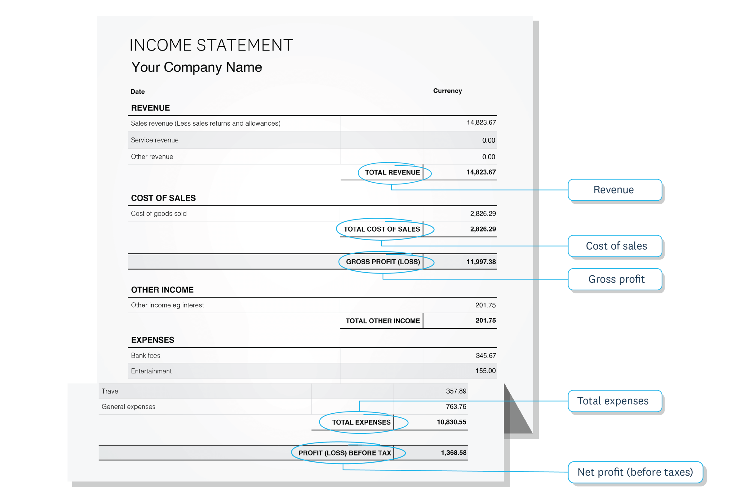 Sample income statement with sections for revenue, COS, gross profit, general expenses and net profit.