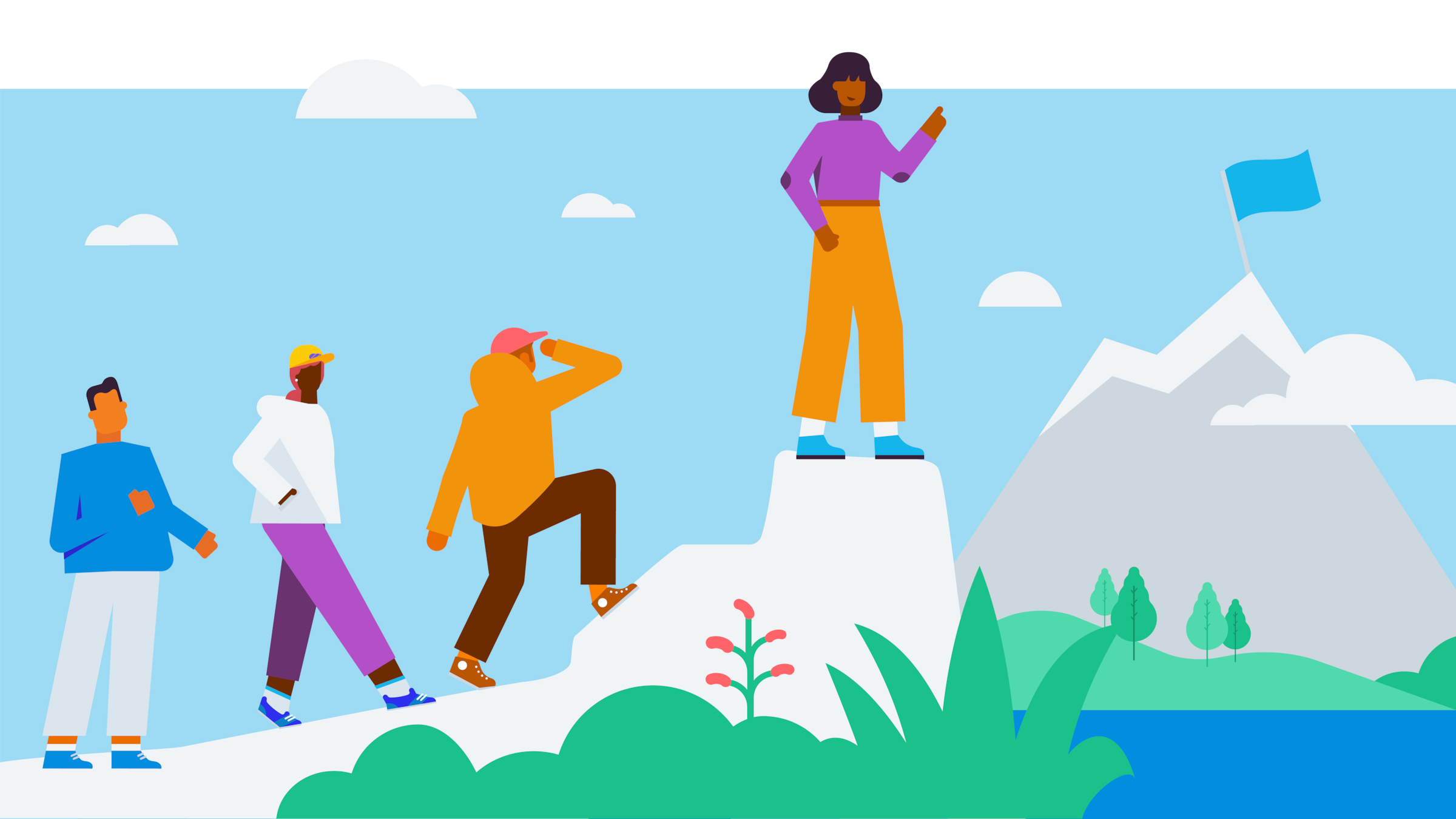 A small business team climbing a mountain