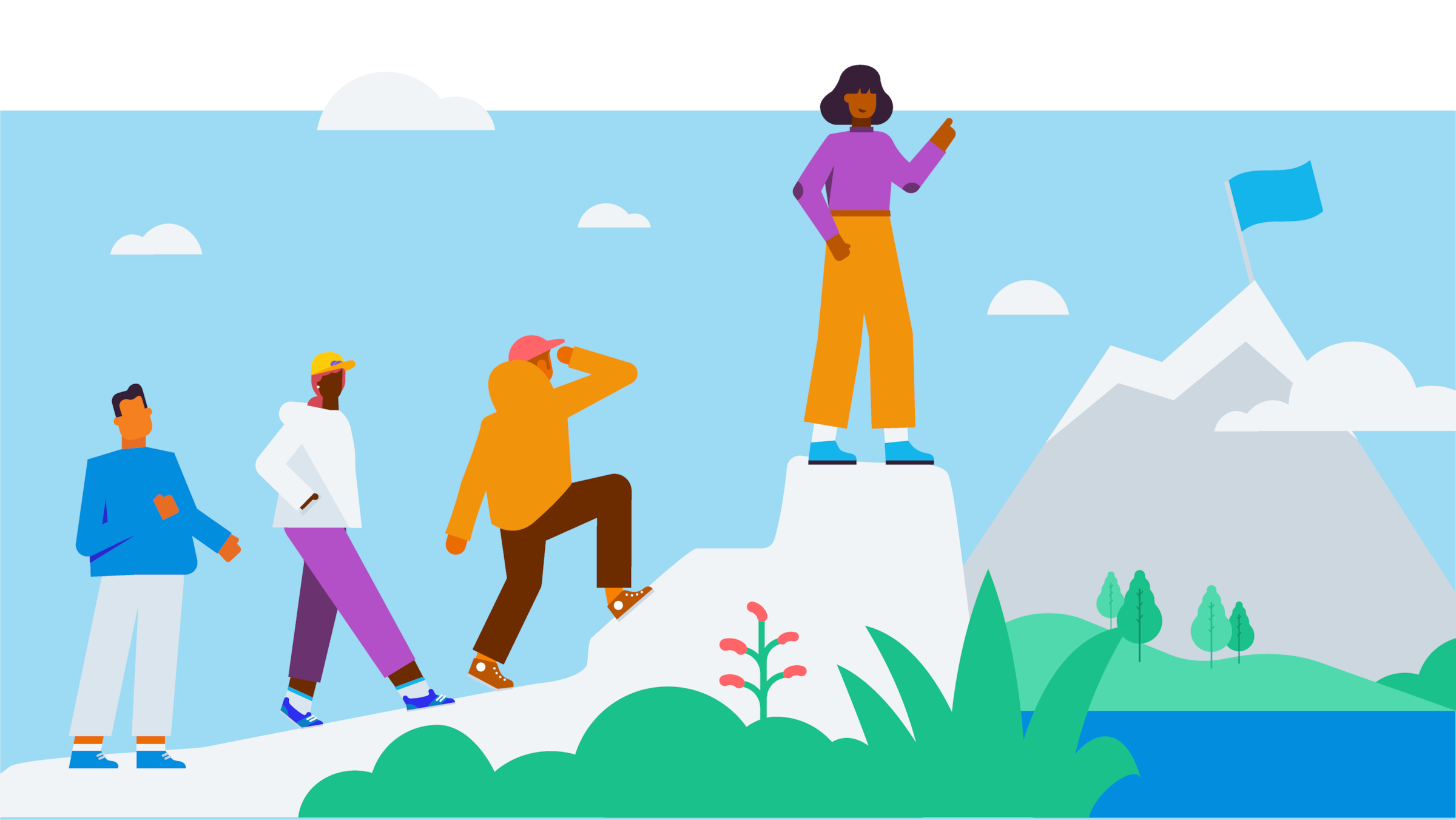 A small business team climbing a mountain