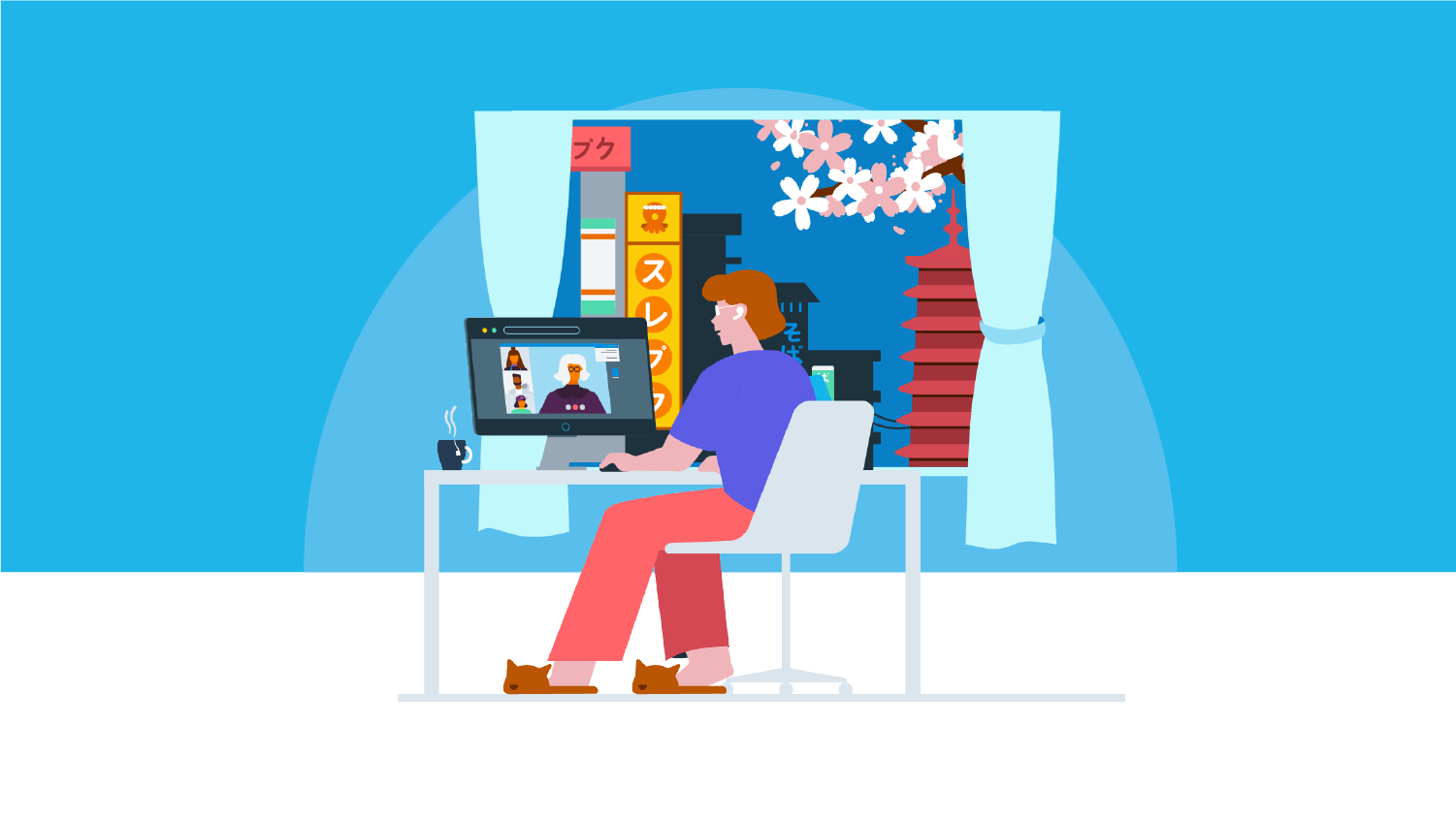 A woman using a computer to manage her team remotely from her desk
