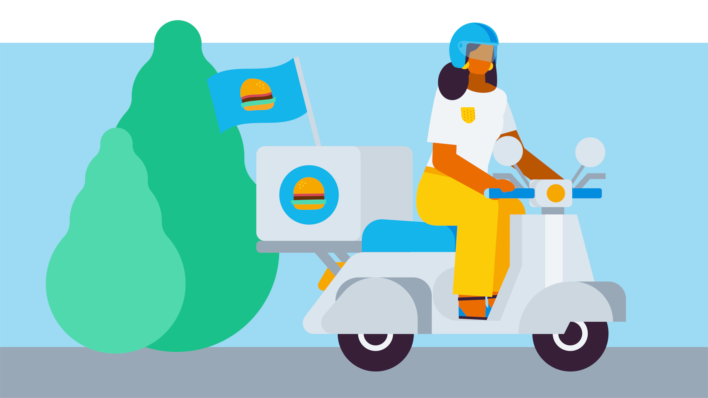 A person on a moped delivering burgers