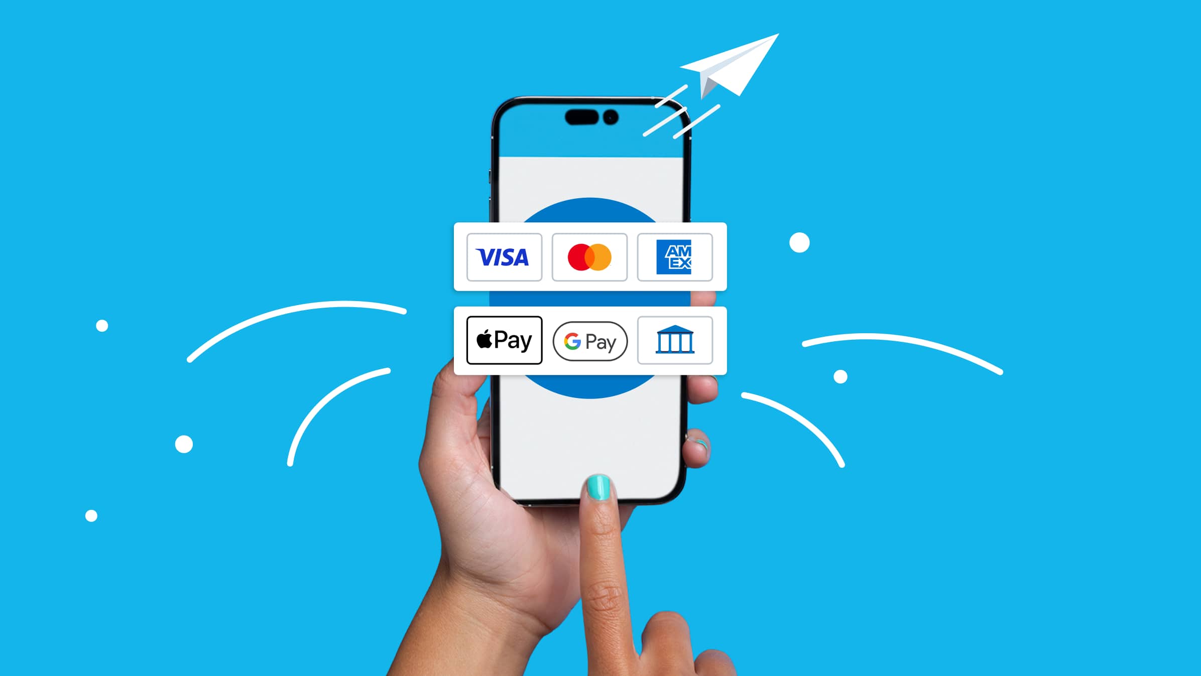 A phone sending off a secure payment behind a series of payment gateway brand logos.