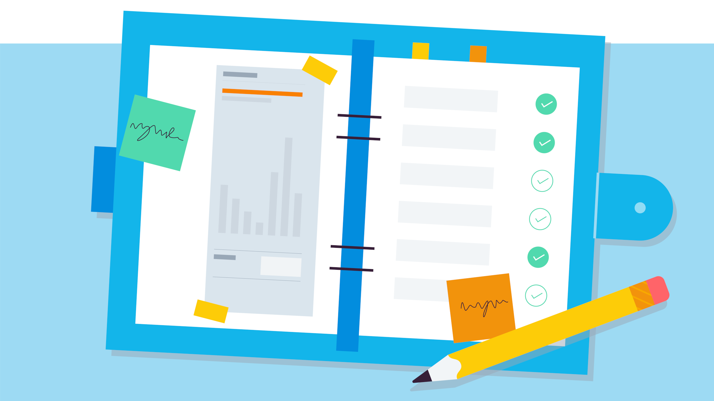 Content marketing ideas in an open planner with post-it notes and pencil