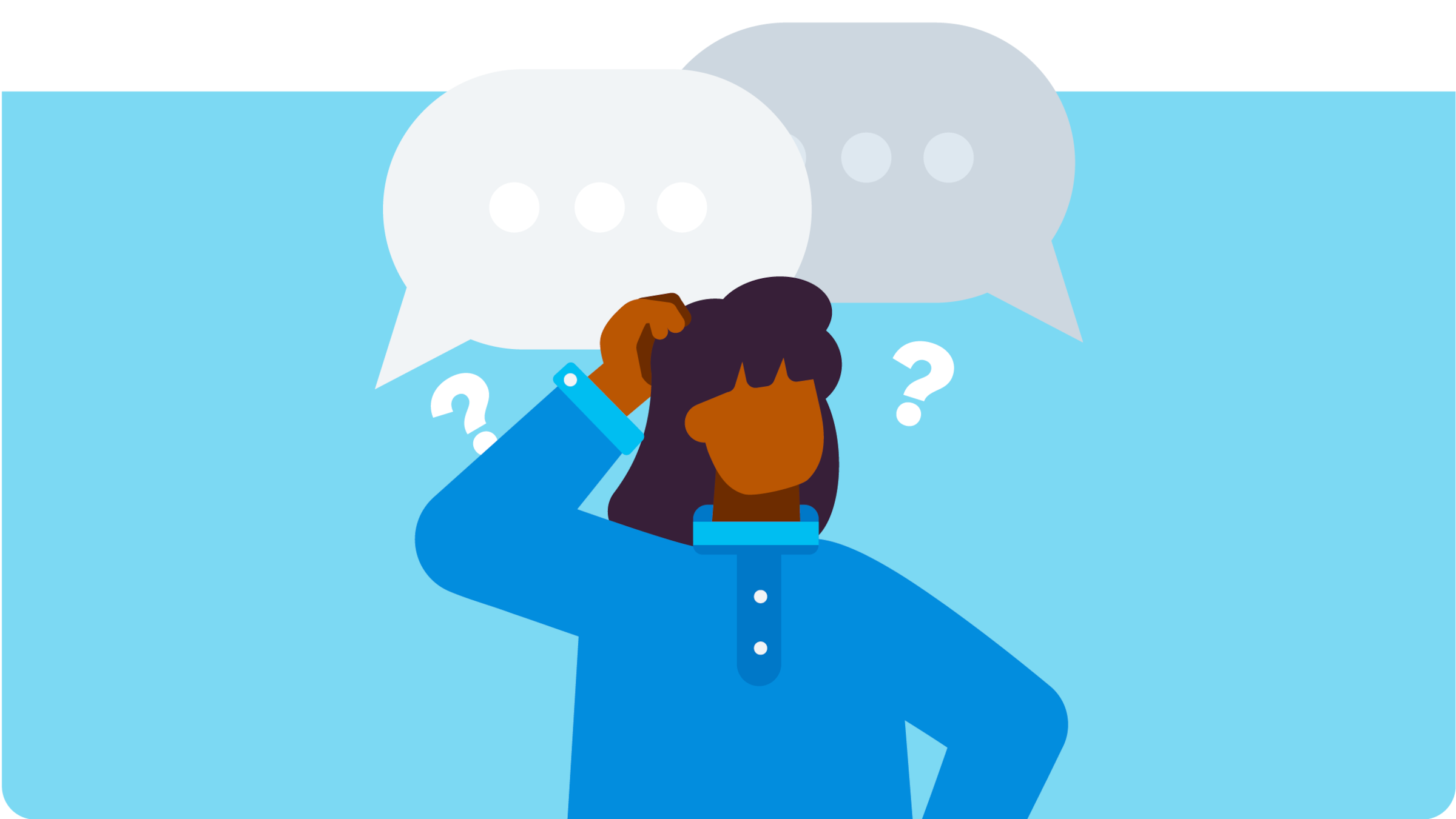 Illustrated person scratching head with question marks and chat boxes surrounding their head.