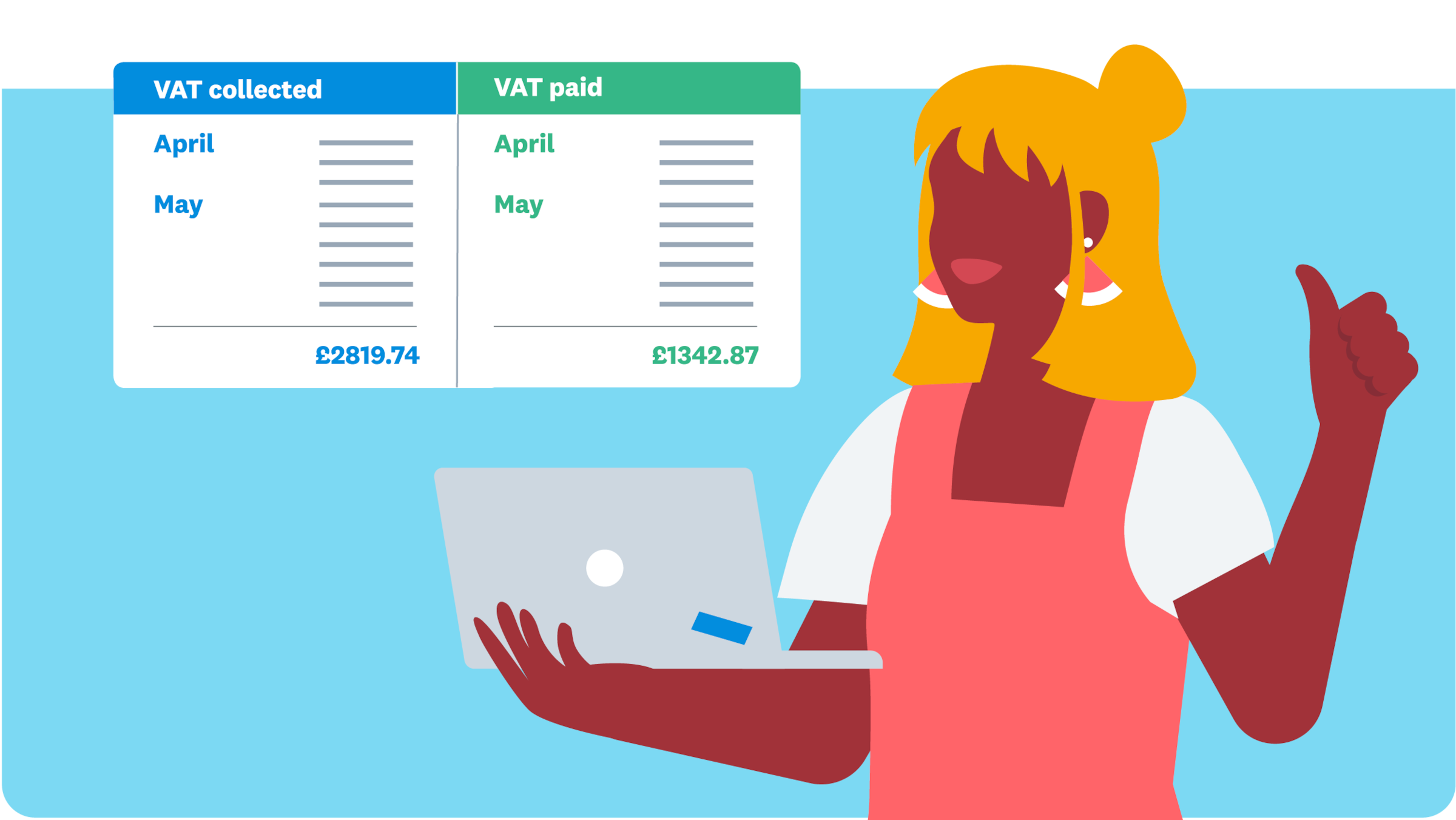 Illustrated person holding a laptop next to a vat collected and vat paid sheet.