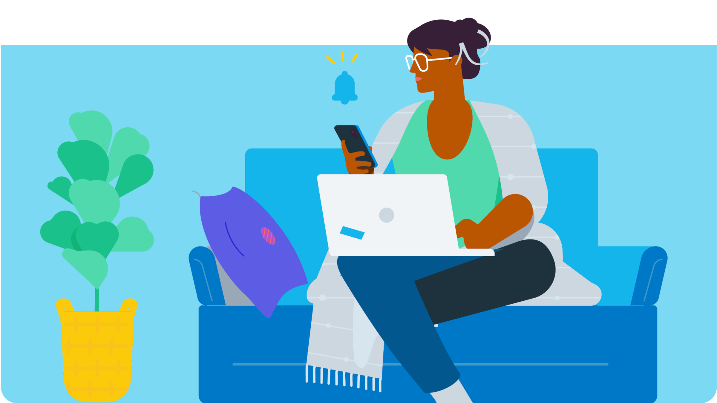 Illustrated person sitting on a couch while looking at mobile device, laptop on their leg. 