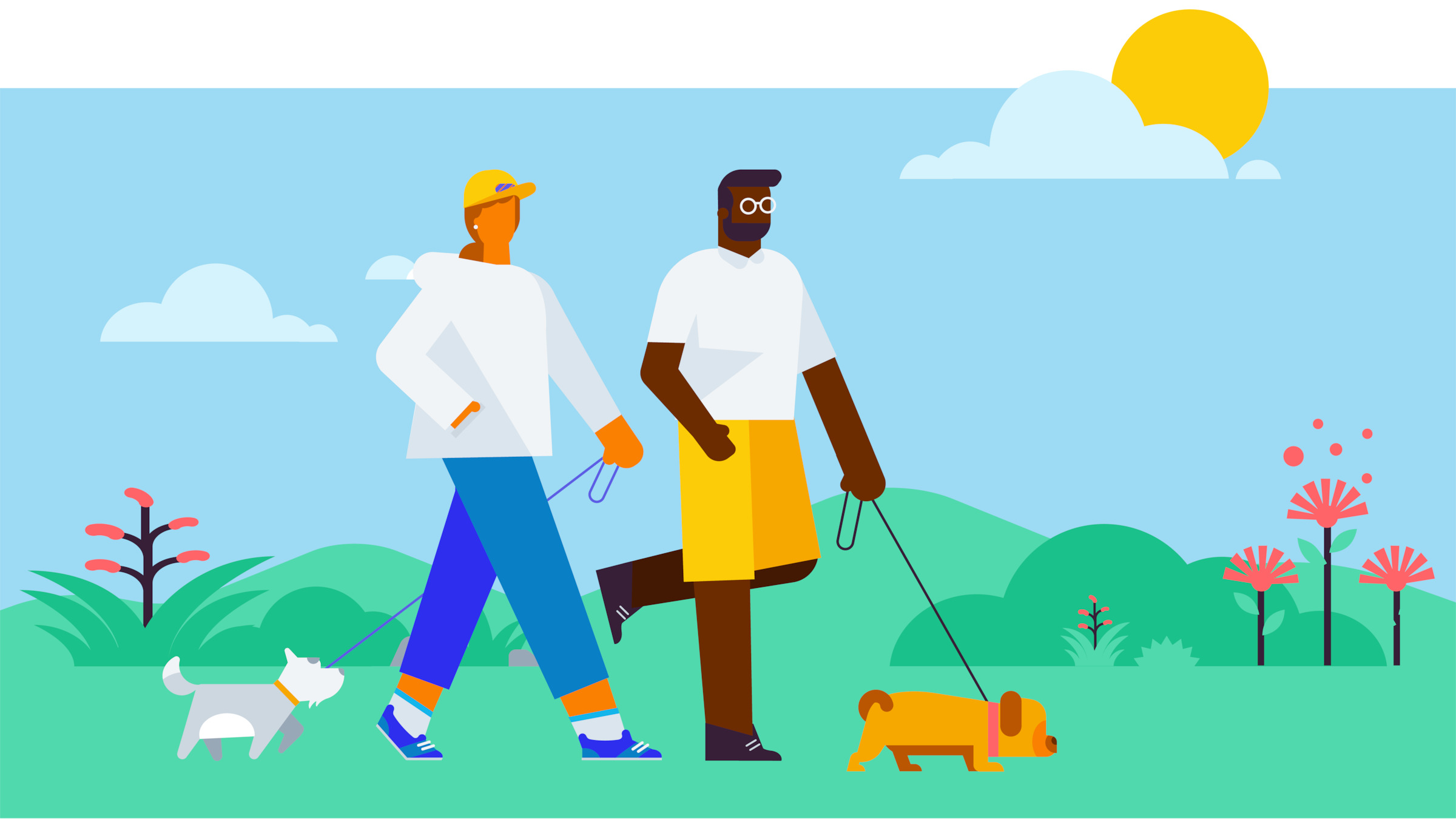Two people out walking their dogs