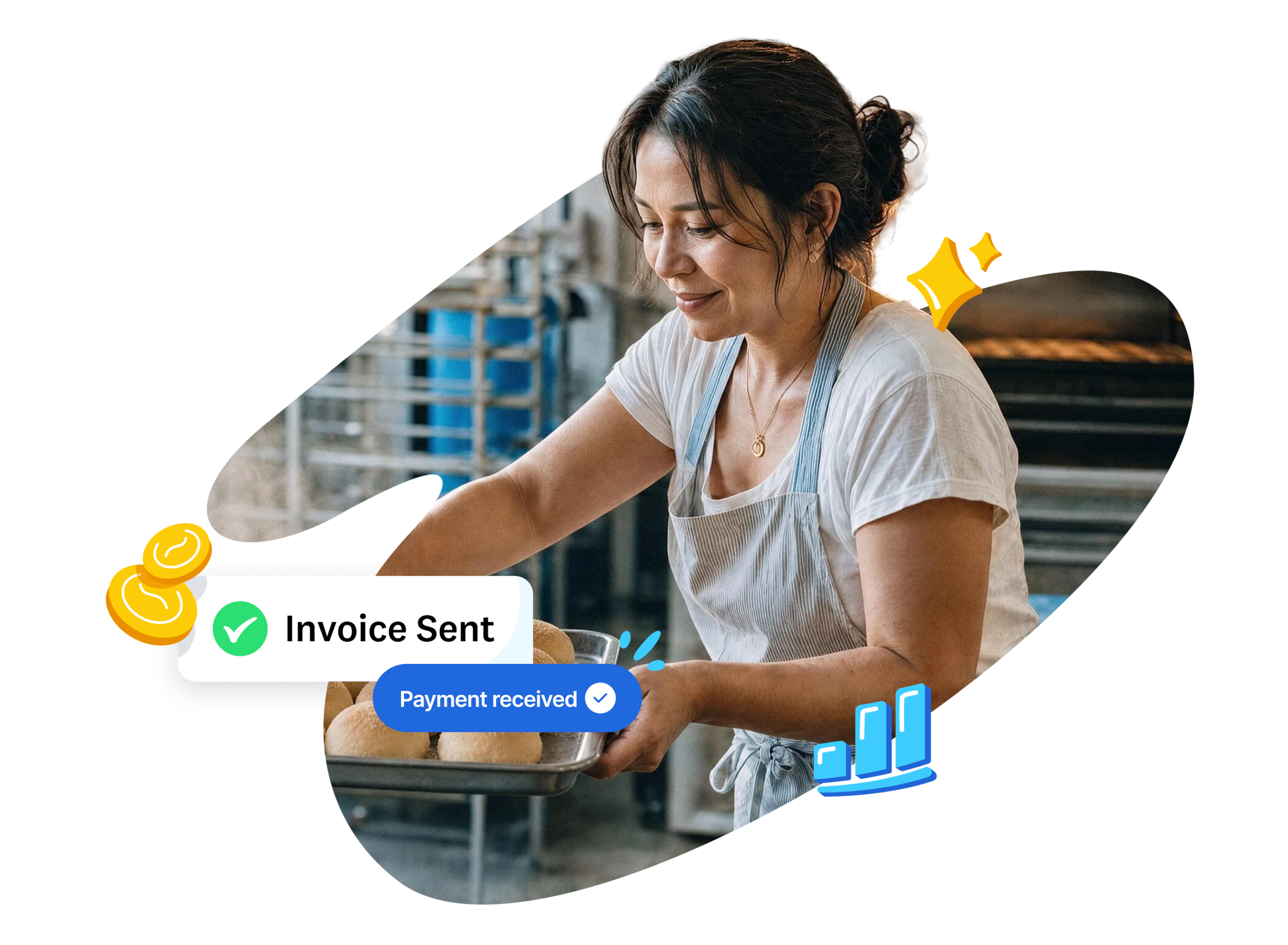 Smiling small business owner with "Invoice Sent" and "Payment received" notifications in Xero