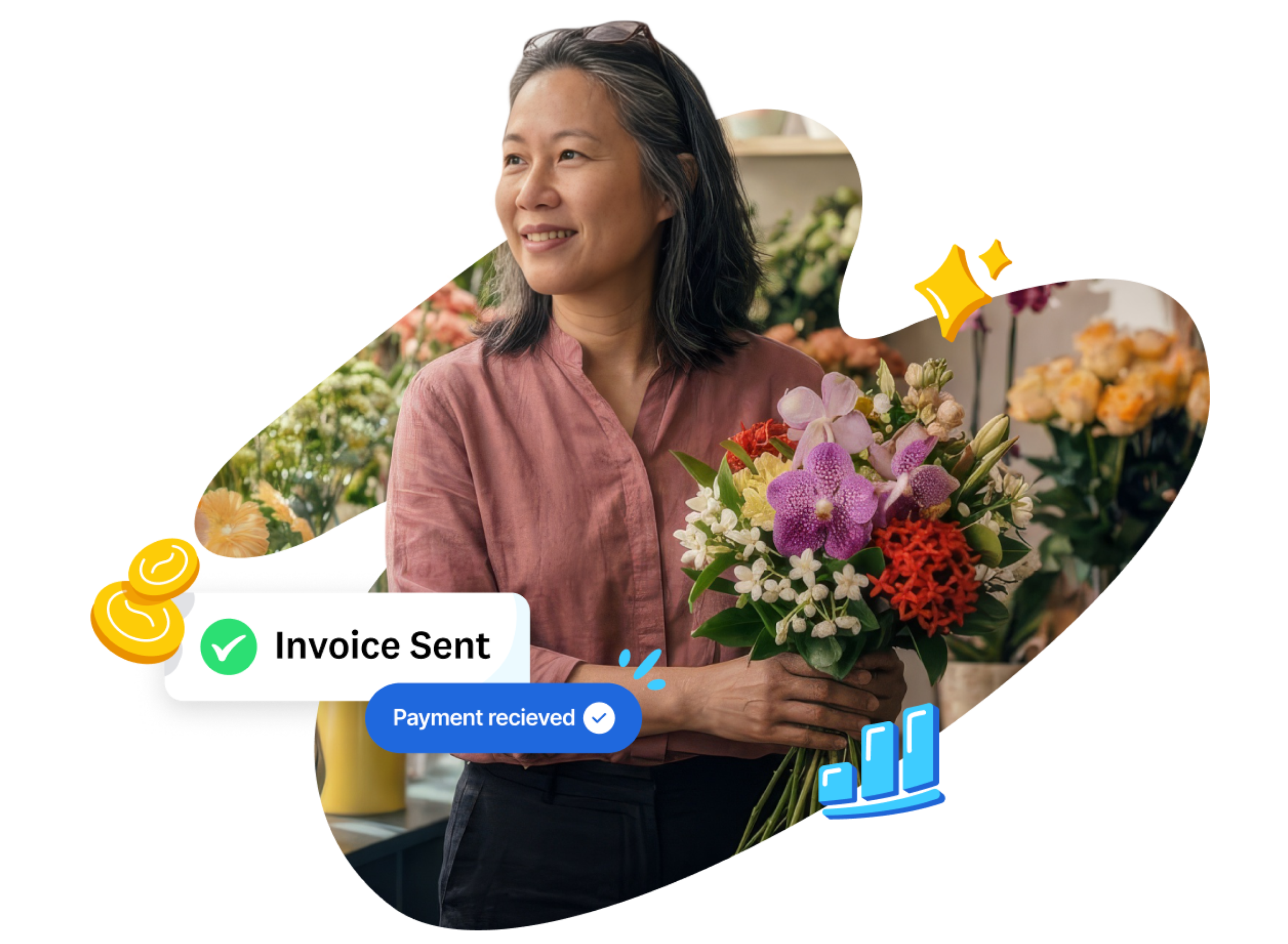 Smiling small business owner with "Invoice Sent" and "Payment received" notifications in Xero