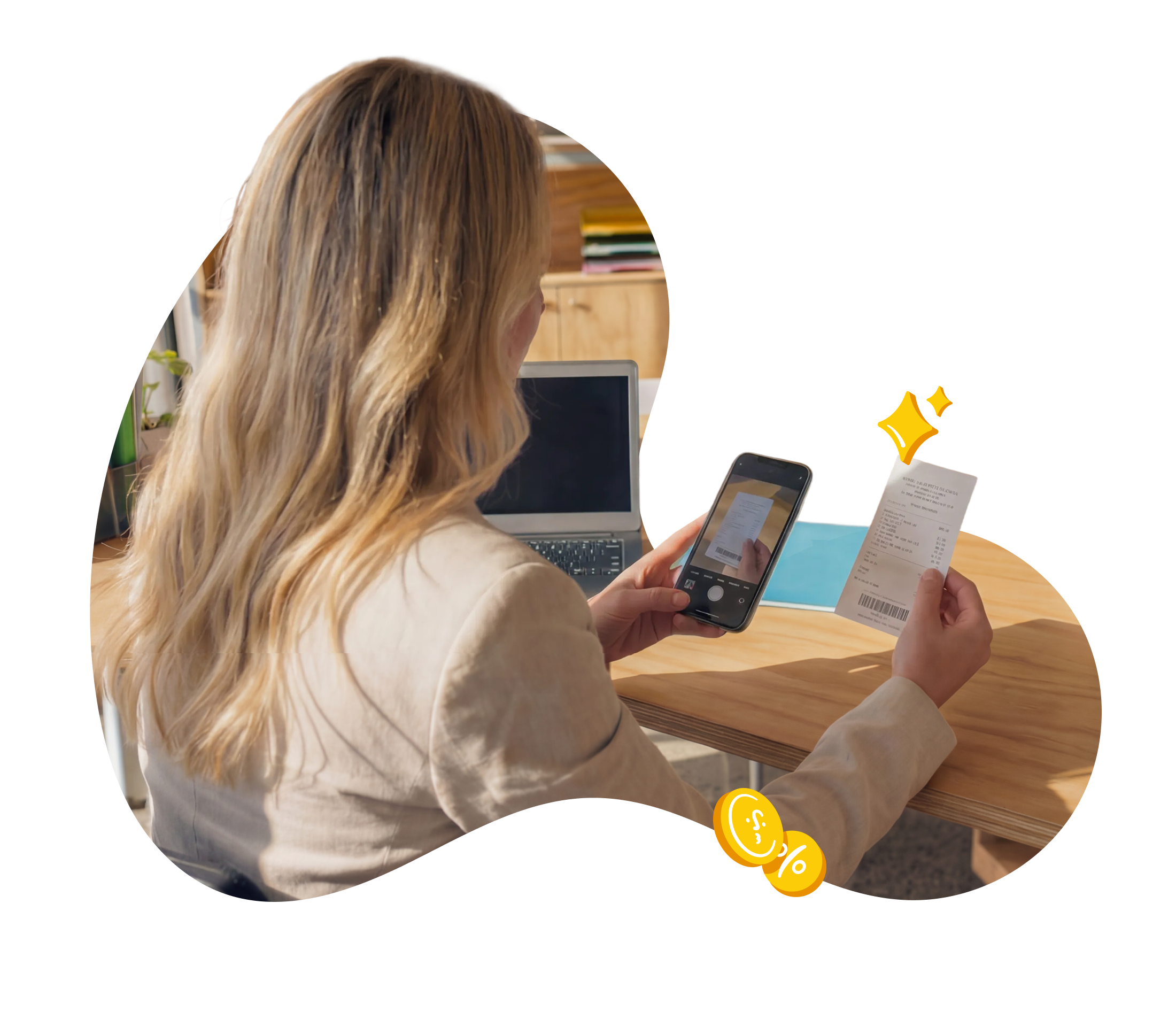 Woman using Xero's smart document capture to photograph a receipt, automatically digitizing it for expense tracking.