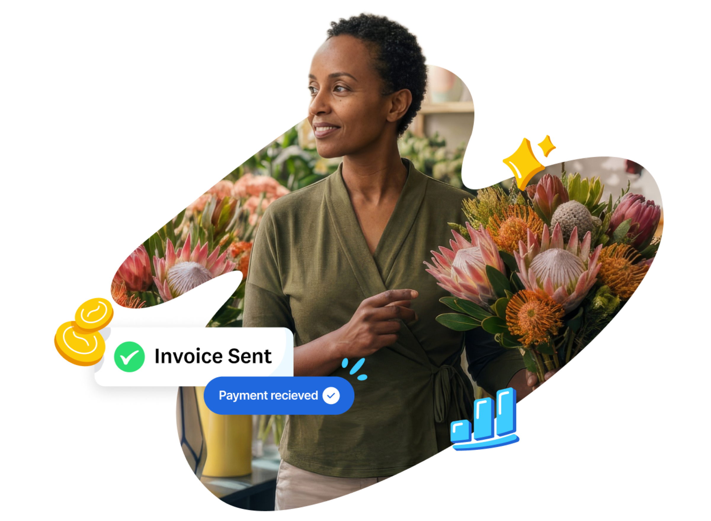 Smiling small business owner with "Invoice Sent" and "Payment received" notifications in Xero