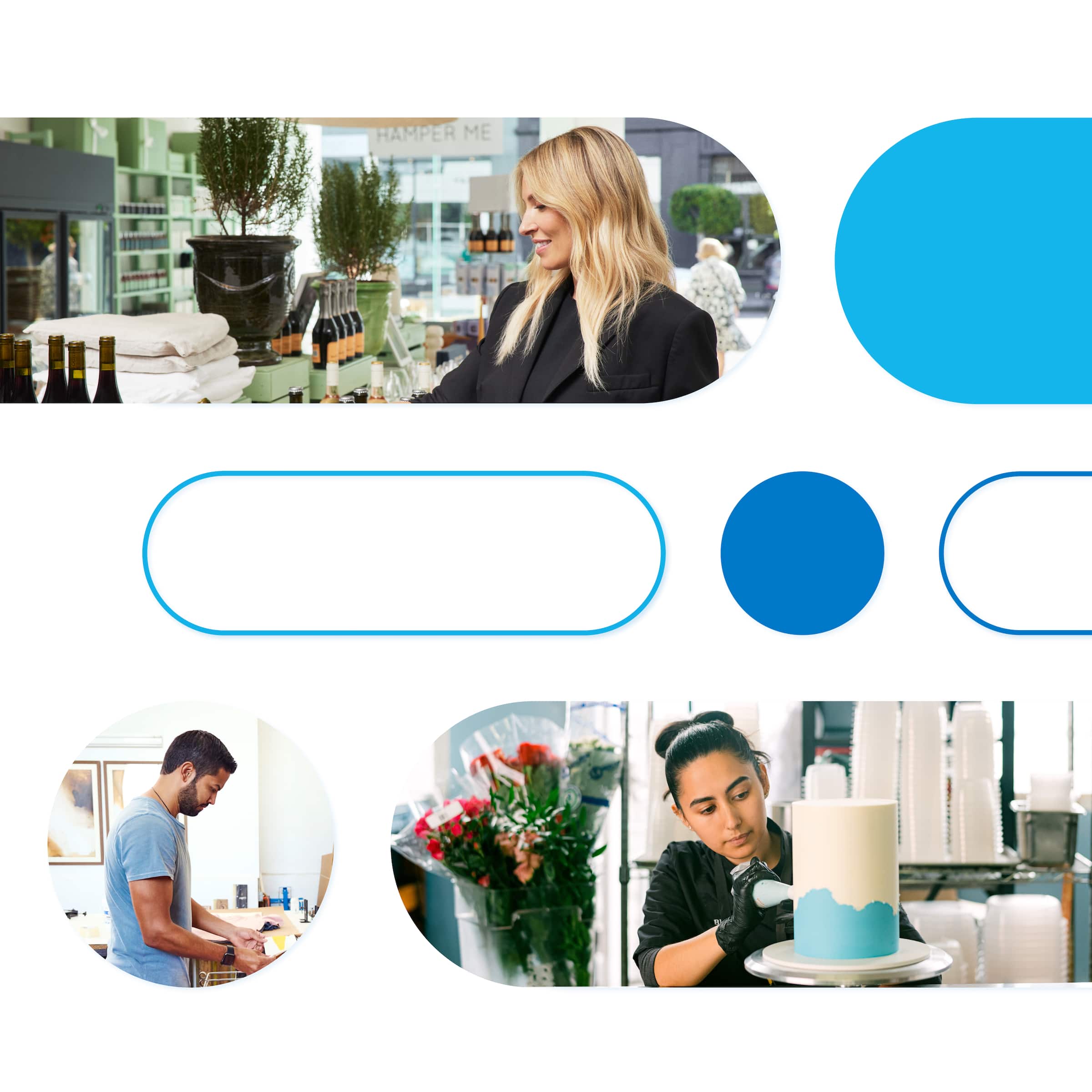 Collage of Xero customers going about their day job, surrounded by Xero graphics