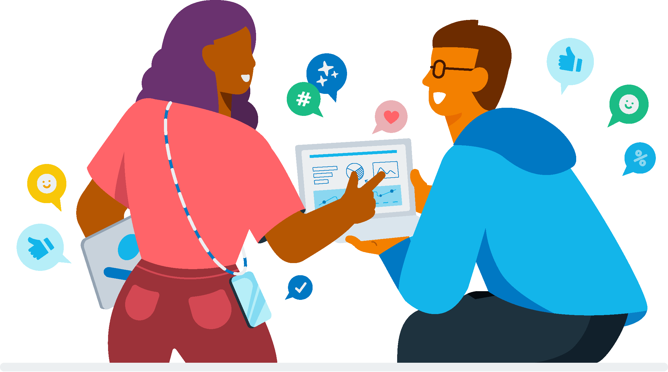 A cartoon of two people looking at financial information on a tablet.