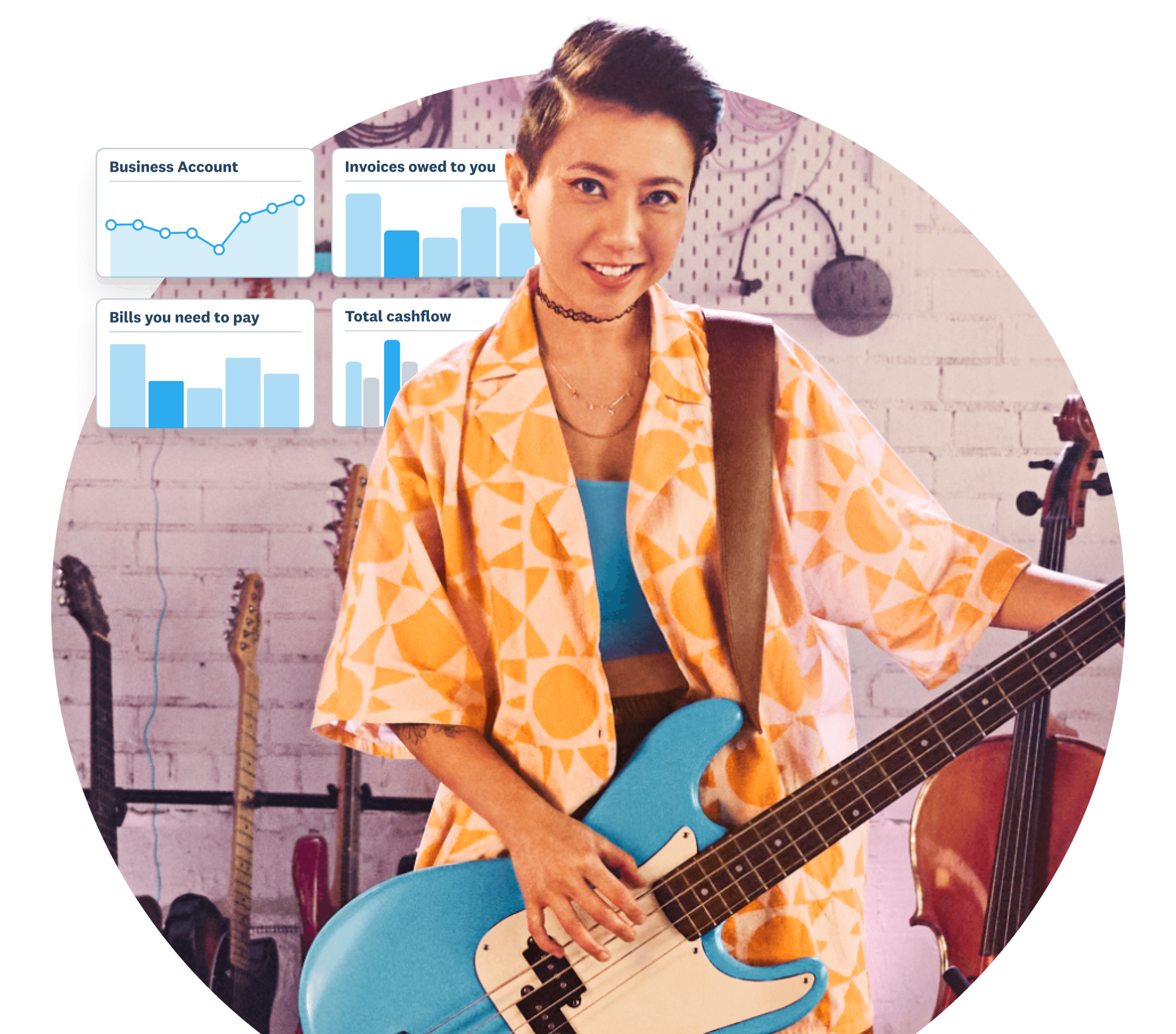 Image of a musician holding a guitar and smiling to camera