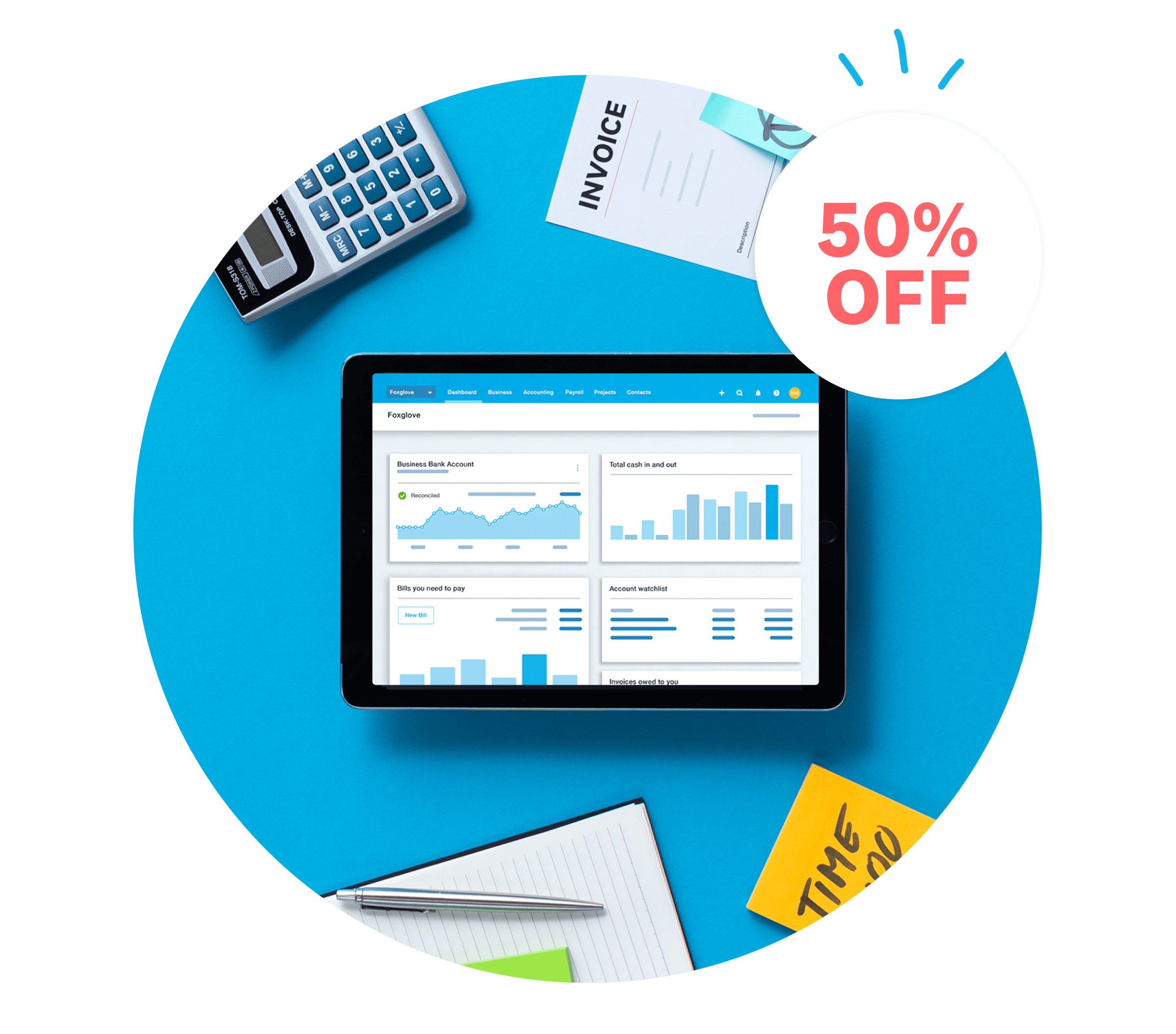 Image of a tablet displaying Xero graphs and a 50% off bubble