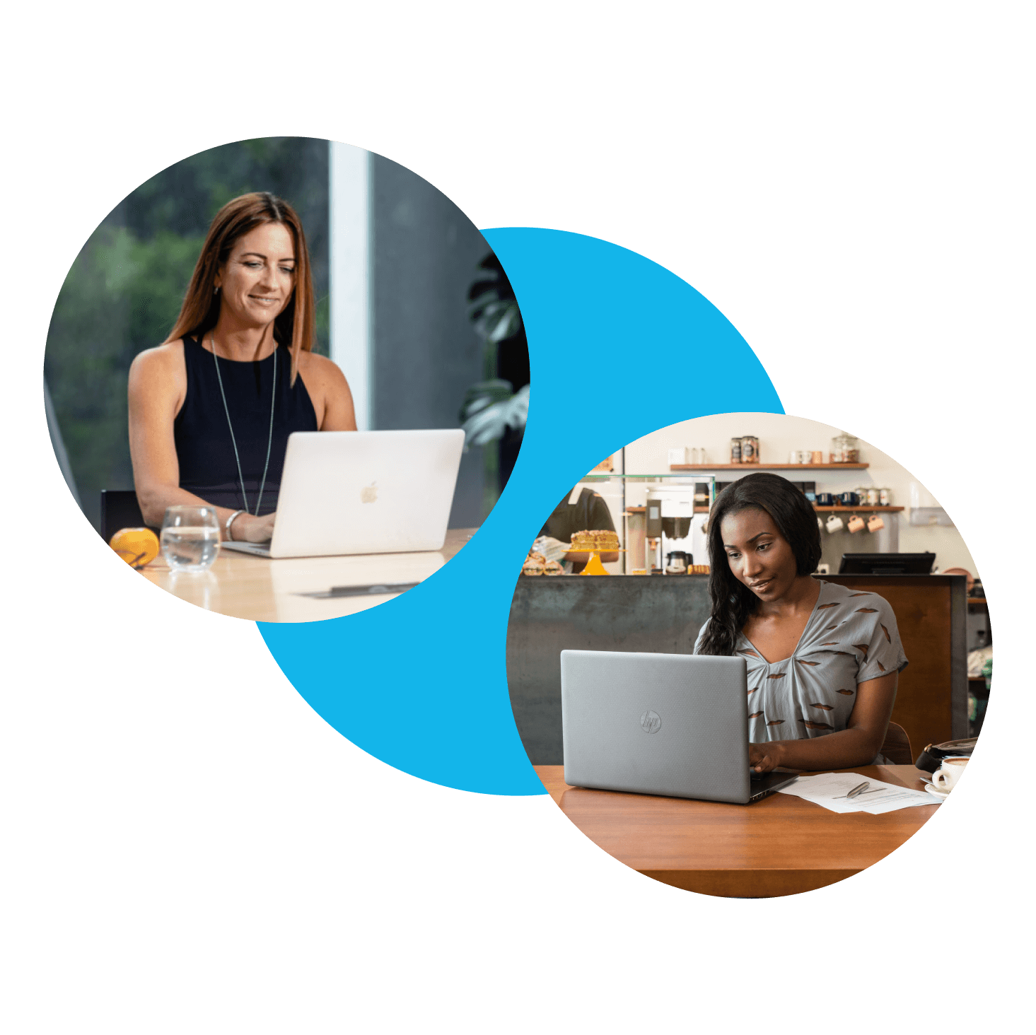 Two practice staff work through advisor certification training courses on their laptops.