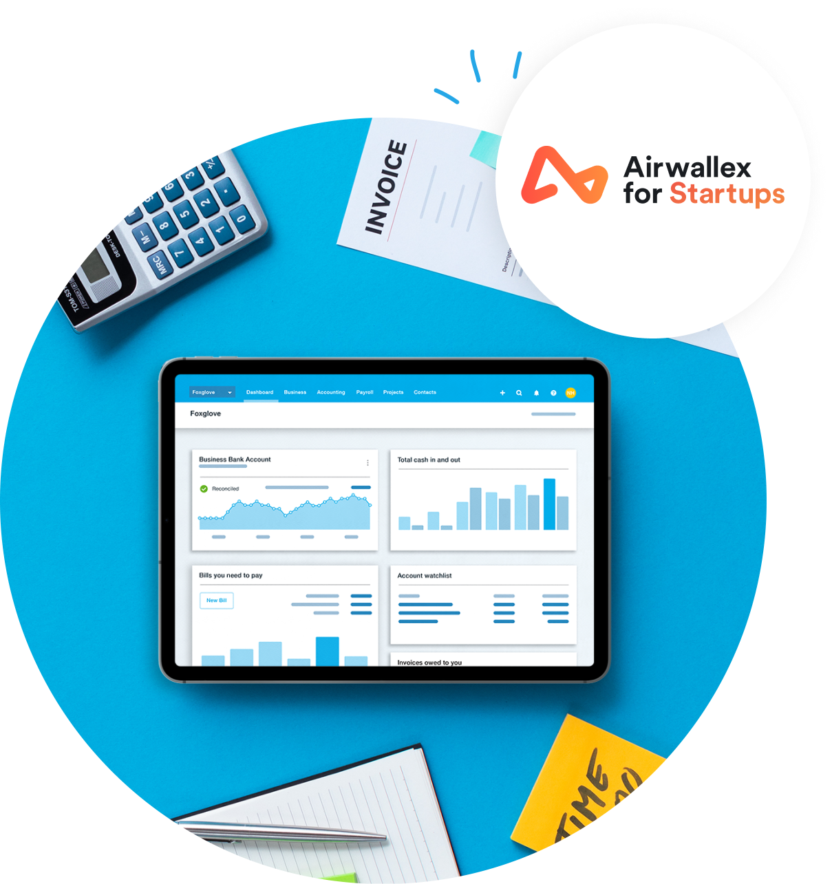 Paper invoice and calculator, with iPad showing Xero UI in the centre.