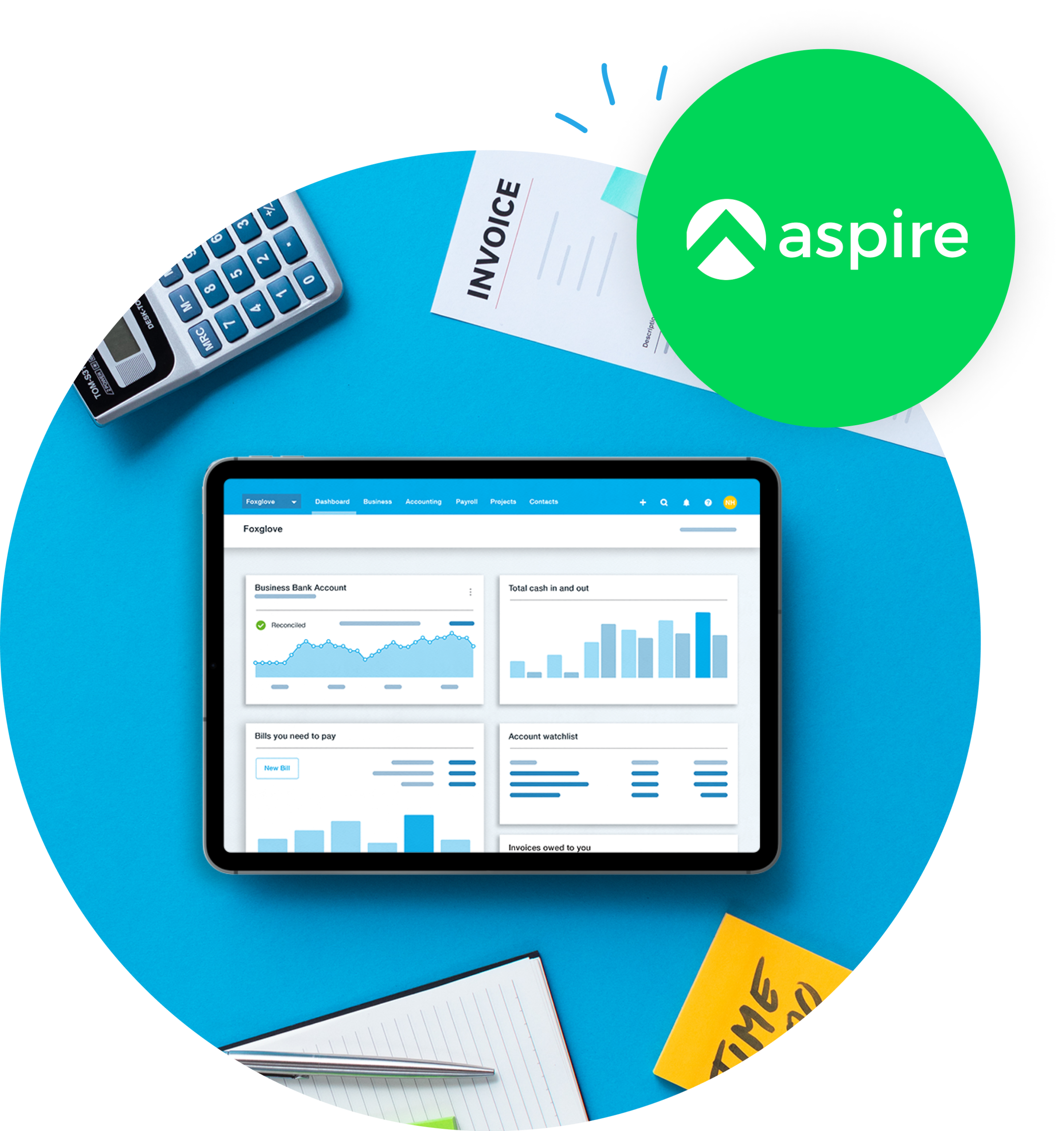Paper invoice and calculator, with iPad showing Xero UI in the center.