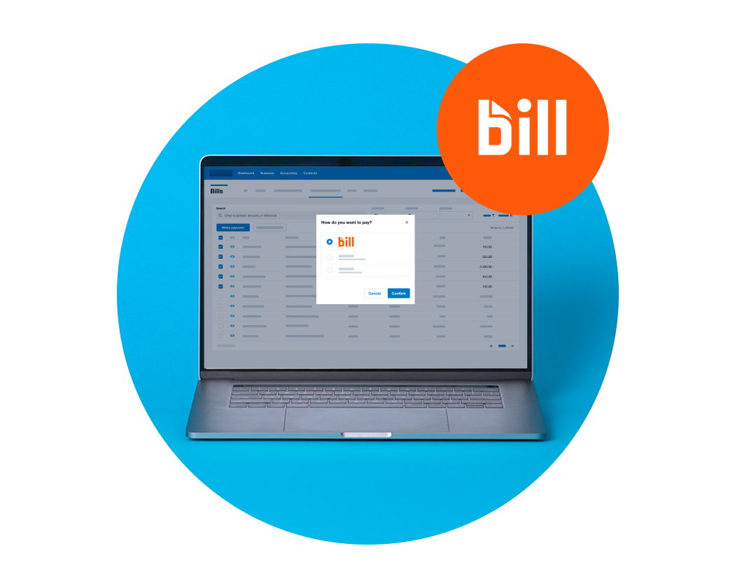 laptop showing Xero product with multiple bills on screen, bill is selected for payment