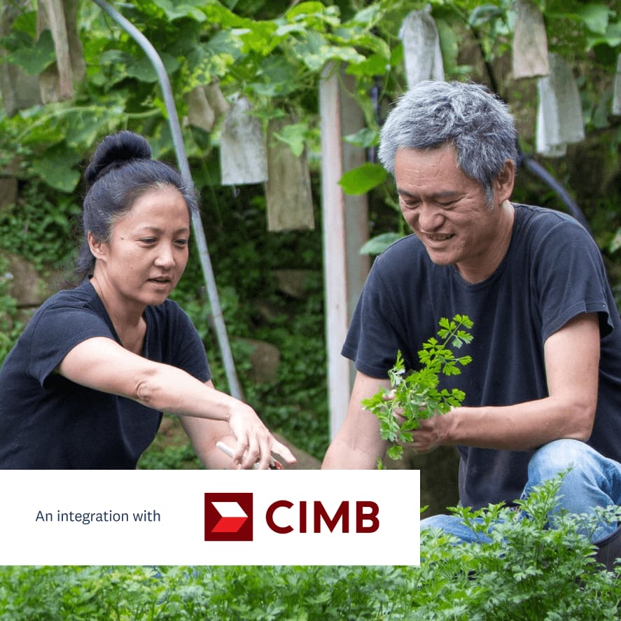 Two people farming, with a logo for 'in partnership with CIMB'