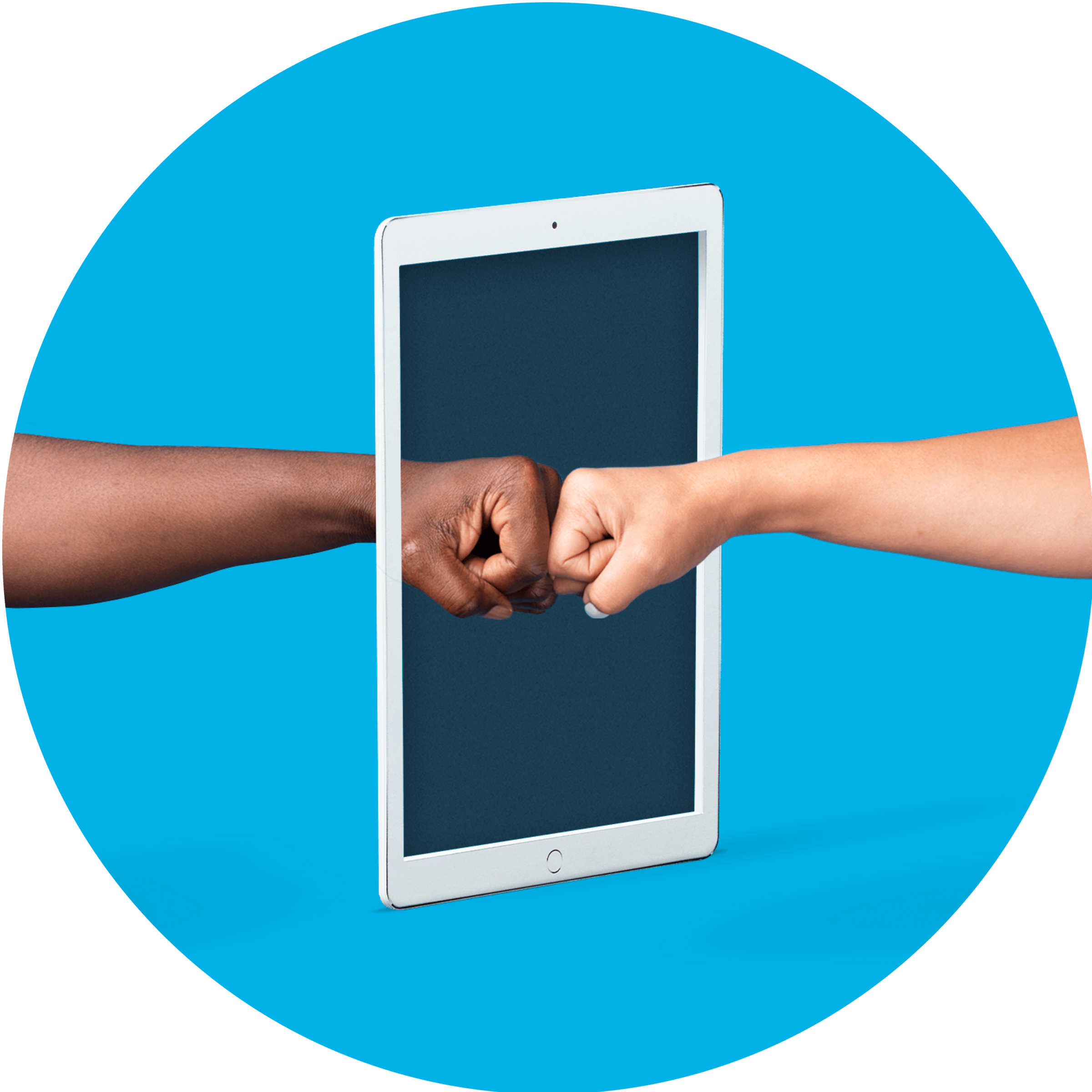 Picture of two people fist-bumping through an iPad