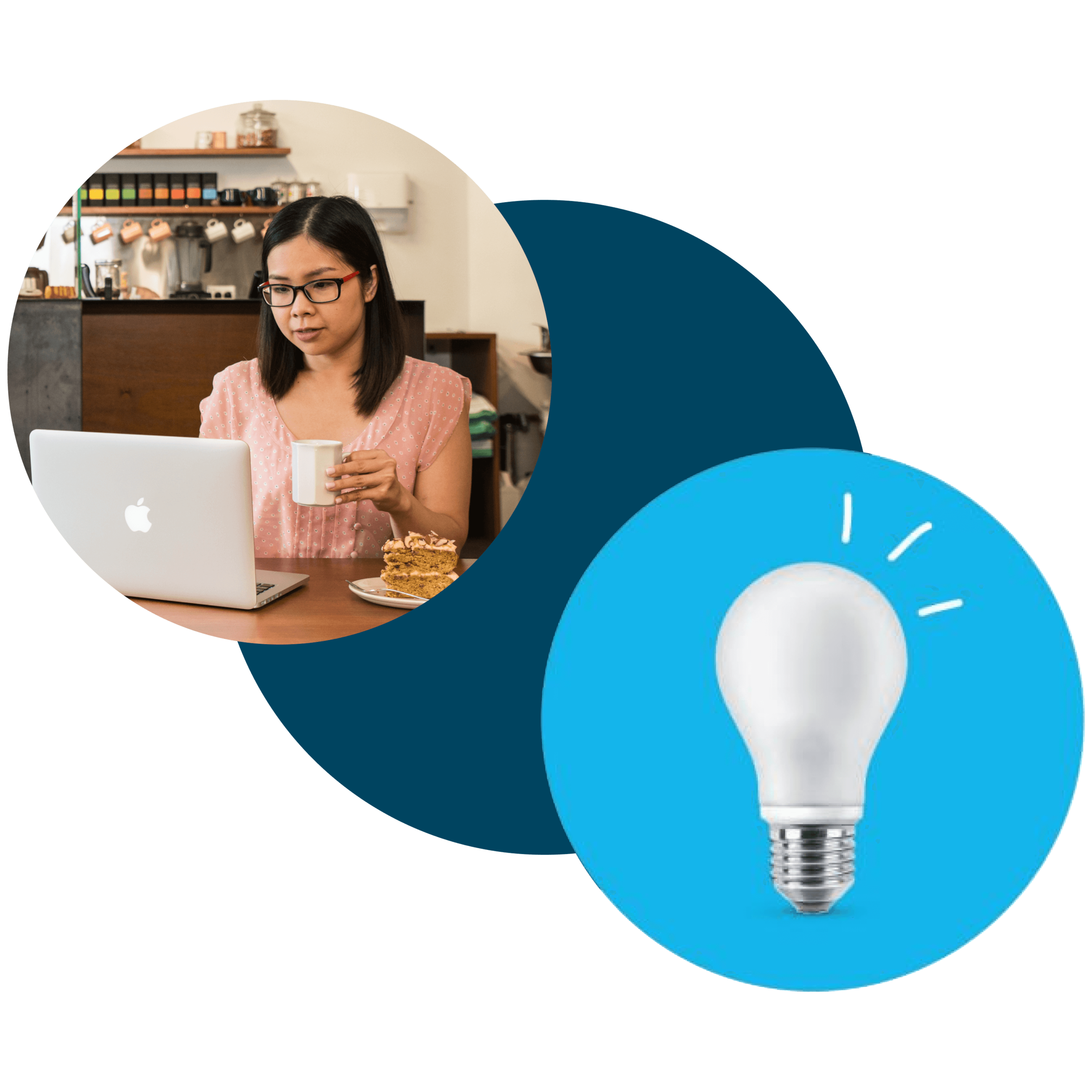 Image of a lady at cafe drinking a coffee while working on her laptop, next to an image of a lightbulb